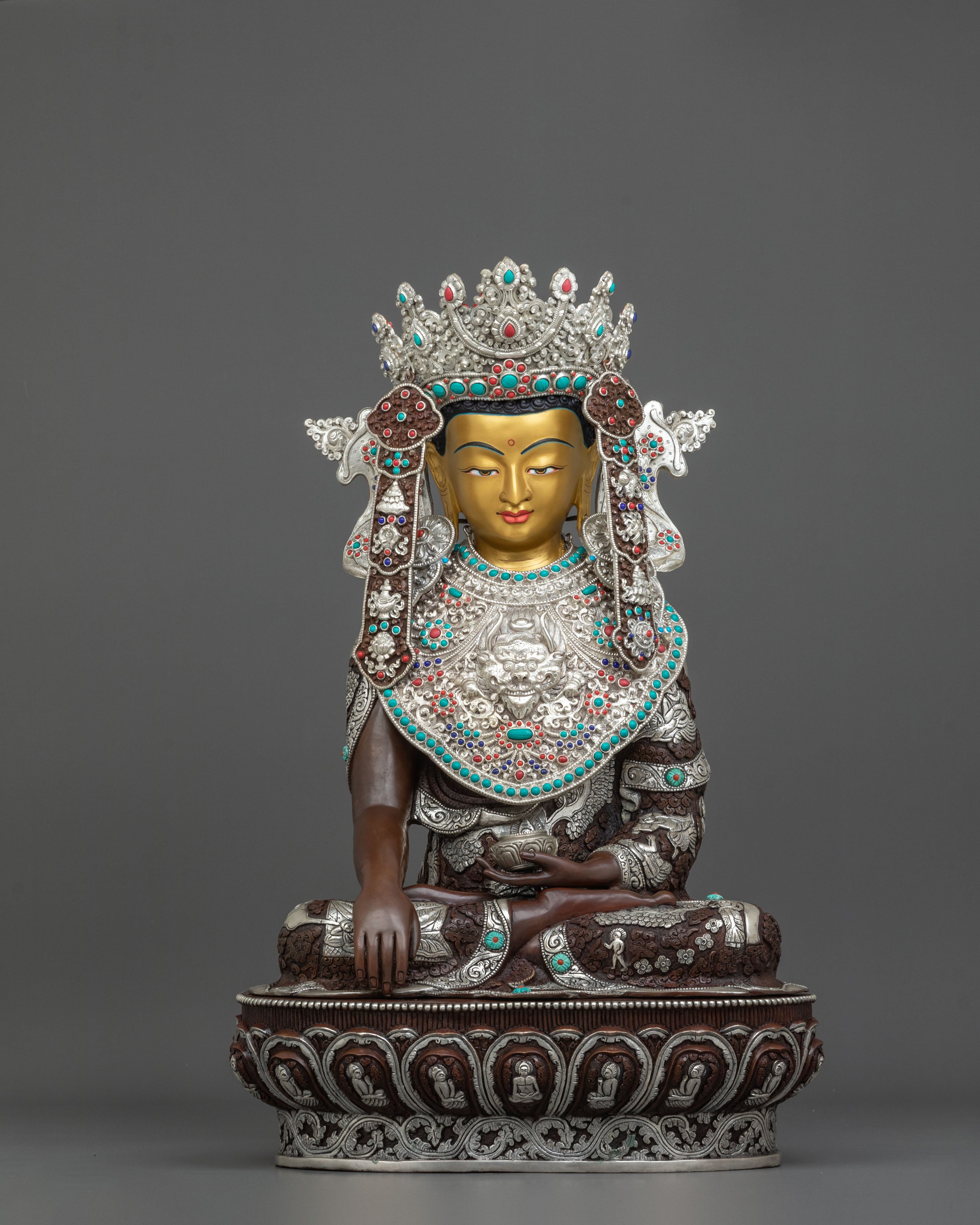 Crown Shakyamuni Buddha Oxidized Sculpture | Silver Plated