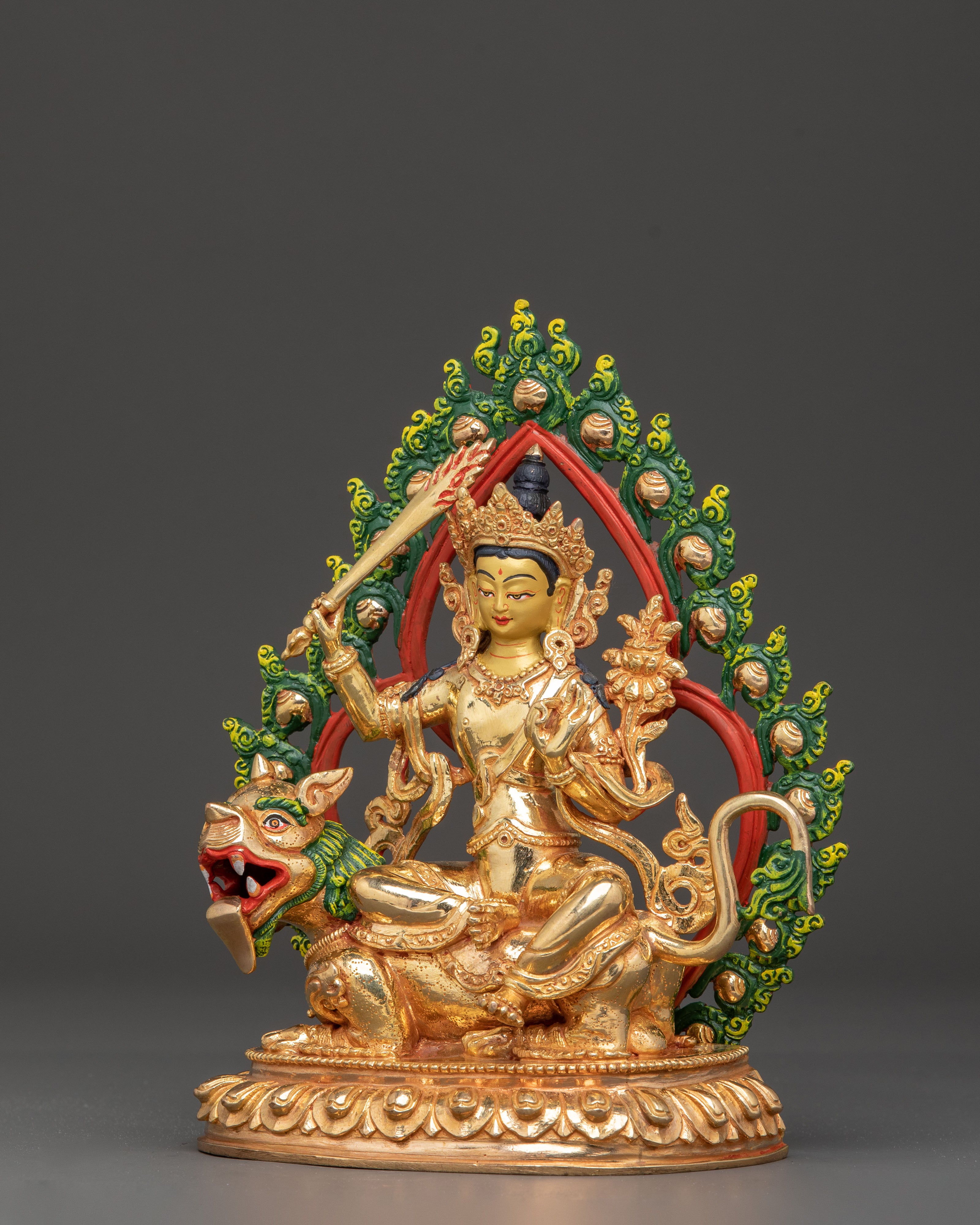 Handmade Simhanada Manjushri Golden Statue - Radiant Wisdom Art