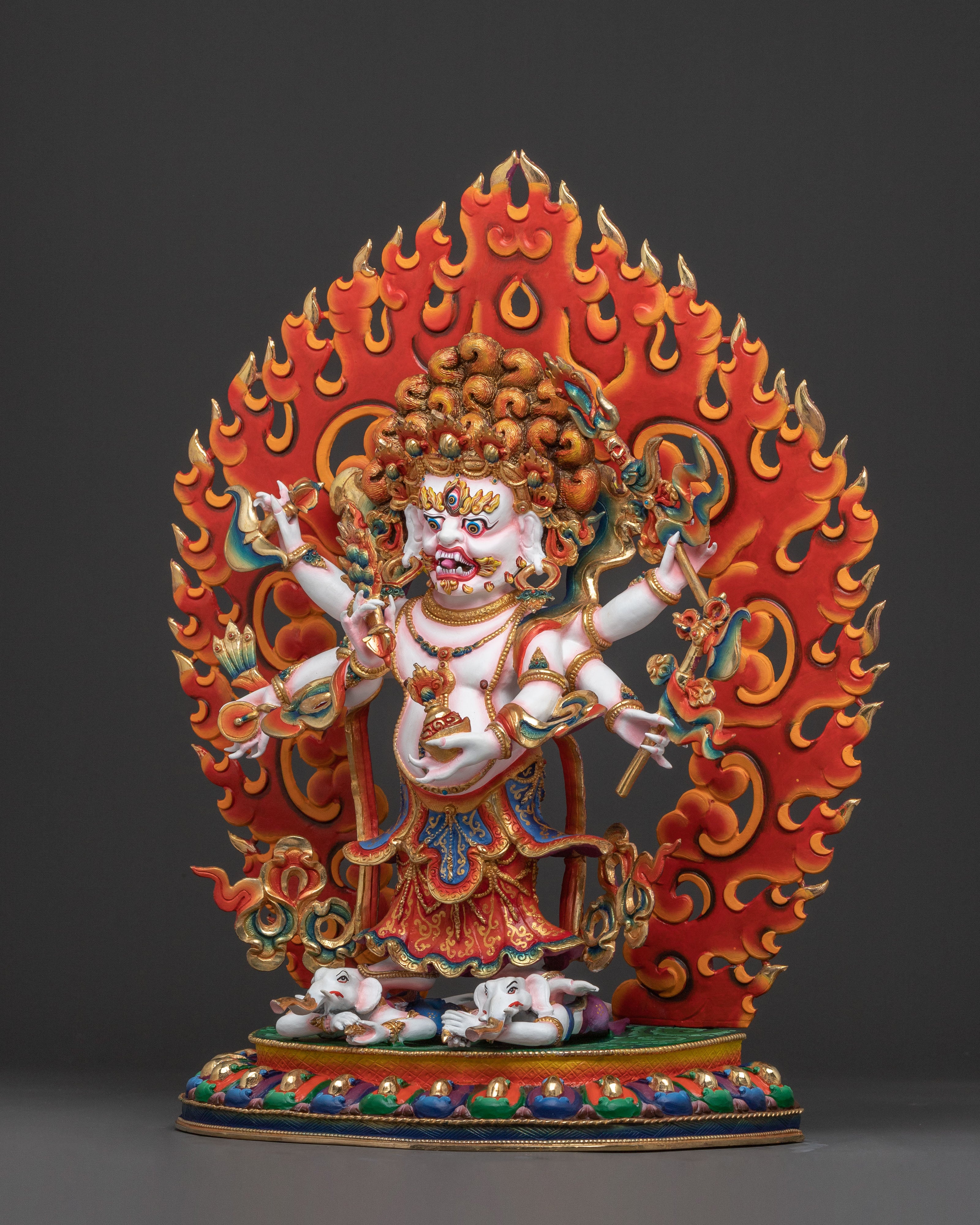 Handcrafted Copper White Mahakala Statue - Exquisite 24K Gilded Artistry