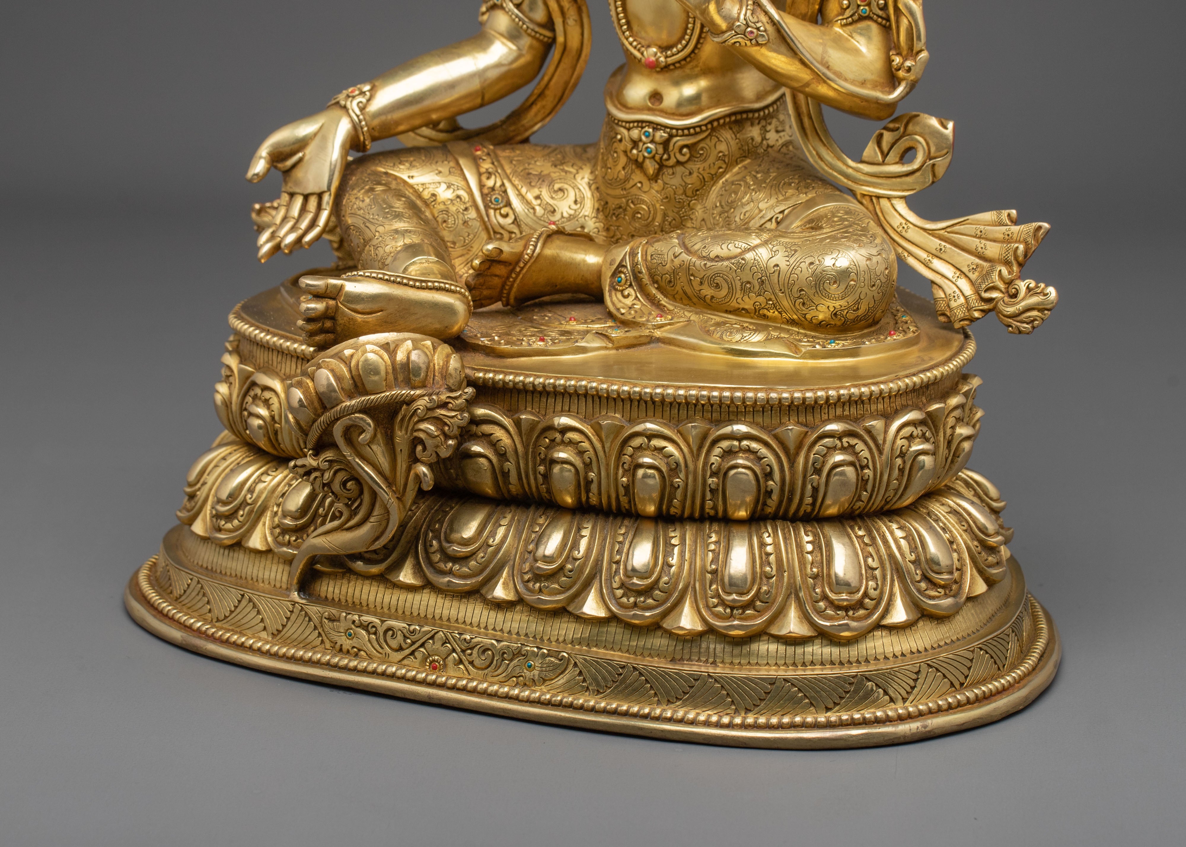 16-Inch Sacred Green Tara 24K Gold Gilded Copper Gemstone Statue