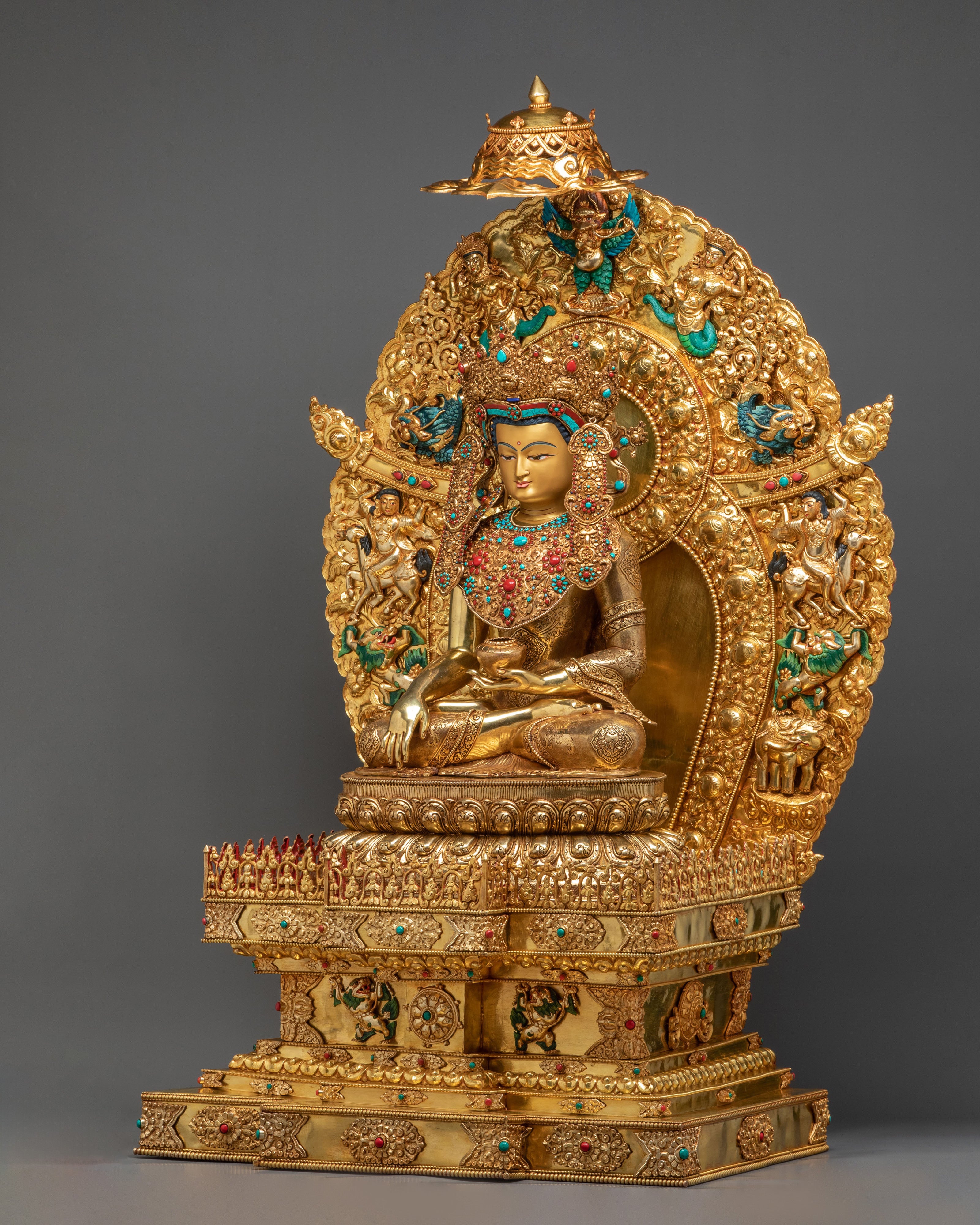 Crown Shakyamuni Buddha Golden Figurine on Throne