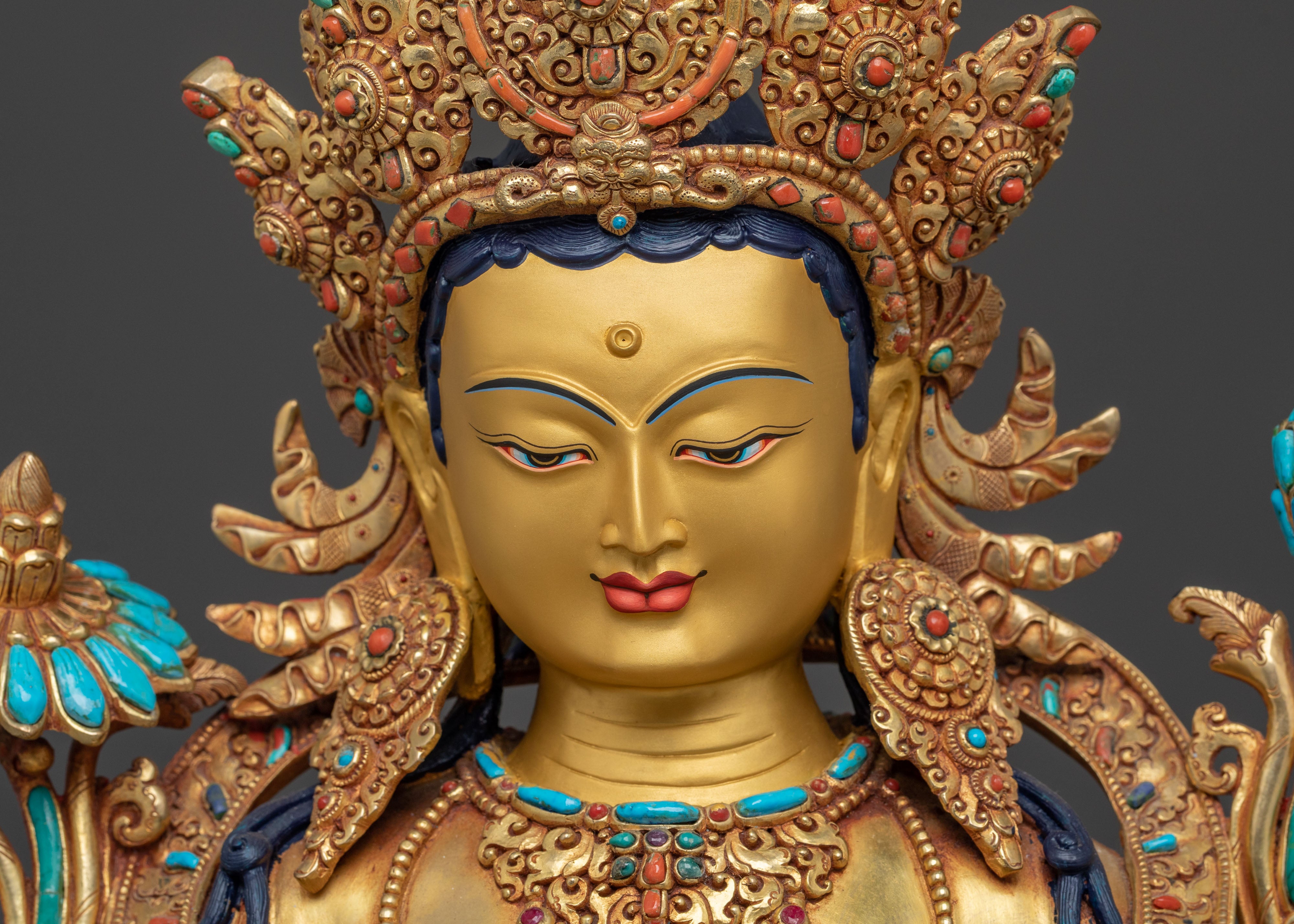 Handcrafted Green Tara Statue | 24K Gold Gilded