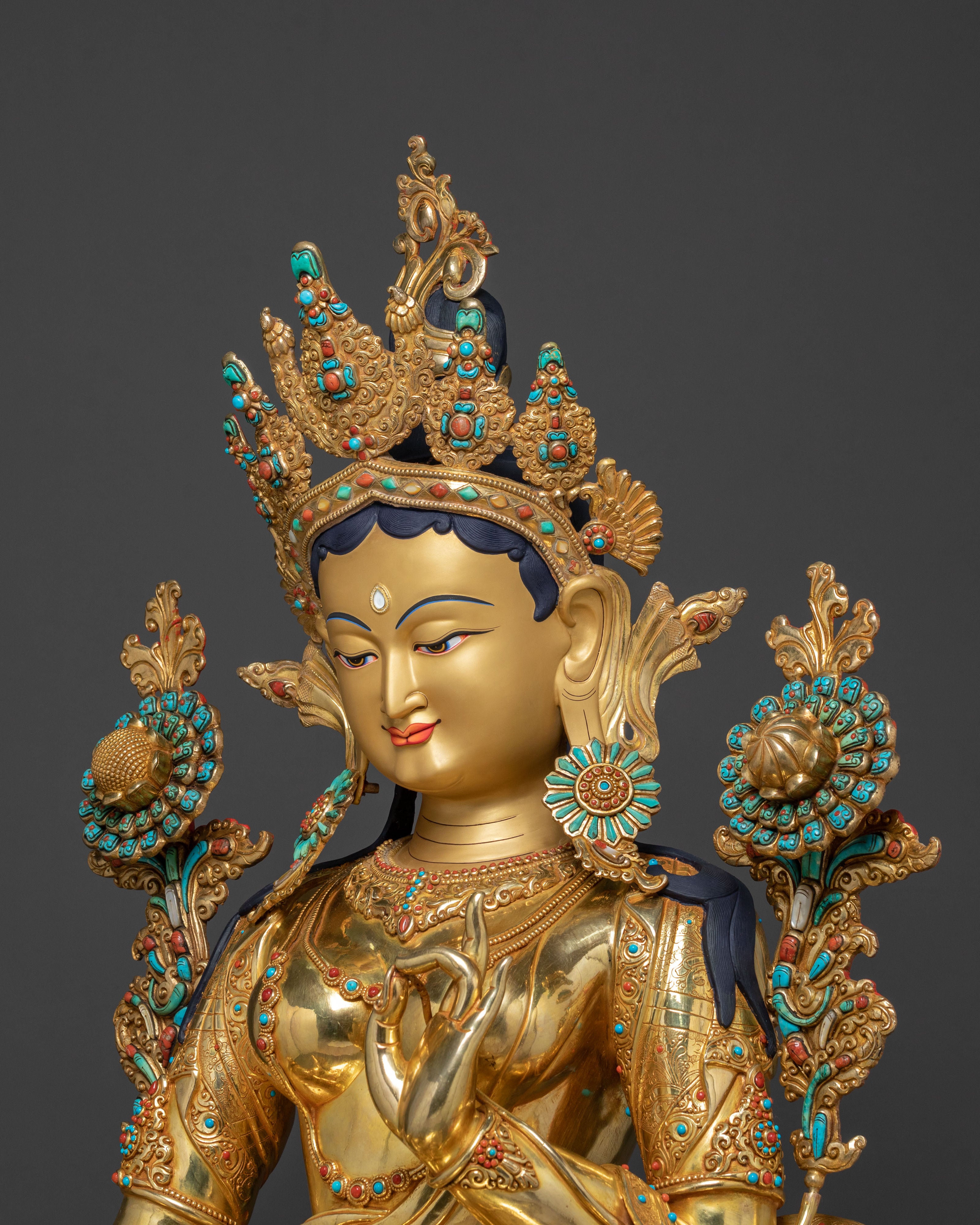 Life-Size Green Tara Statue | 24K Gold Glided Buddhist Sculpture