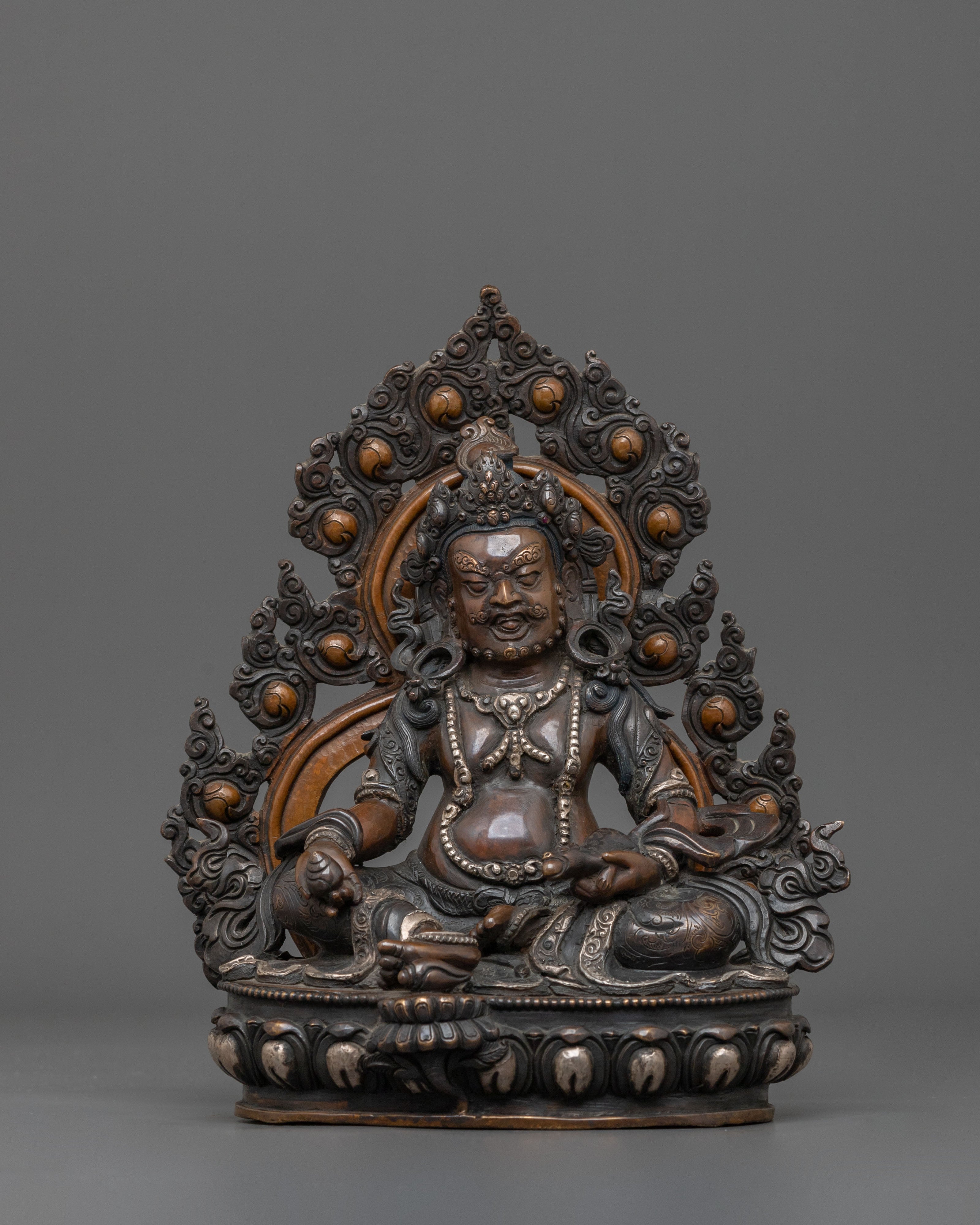 Dzambhala Statue in Oxidized Copper with Silver Plating