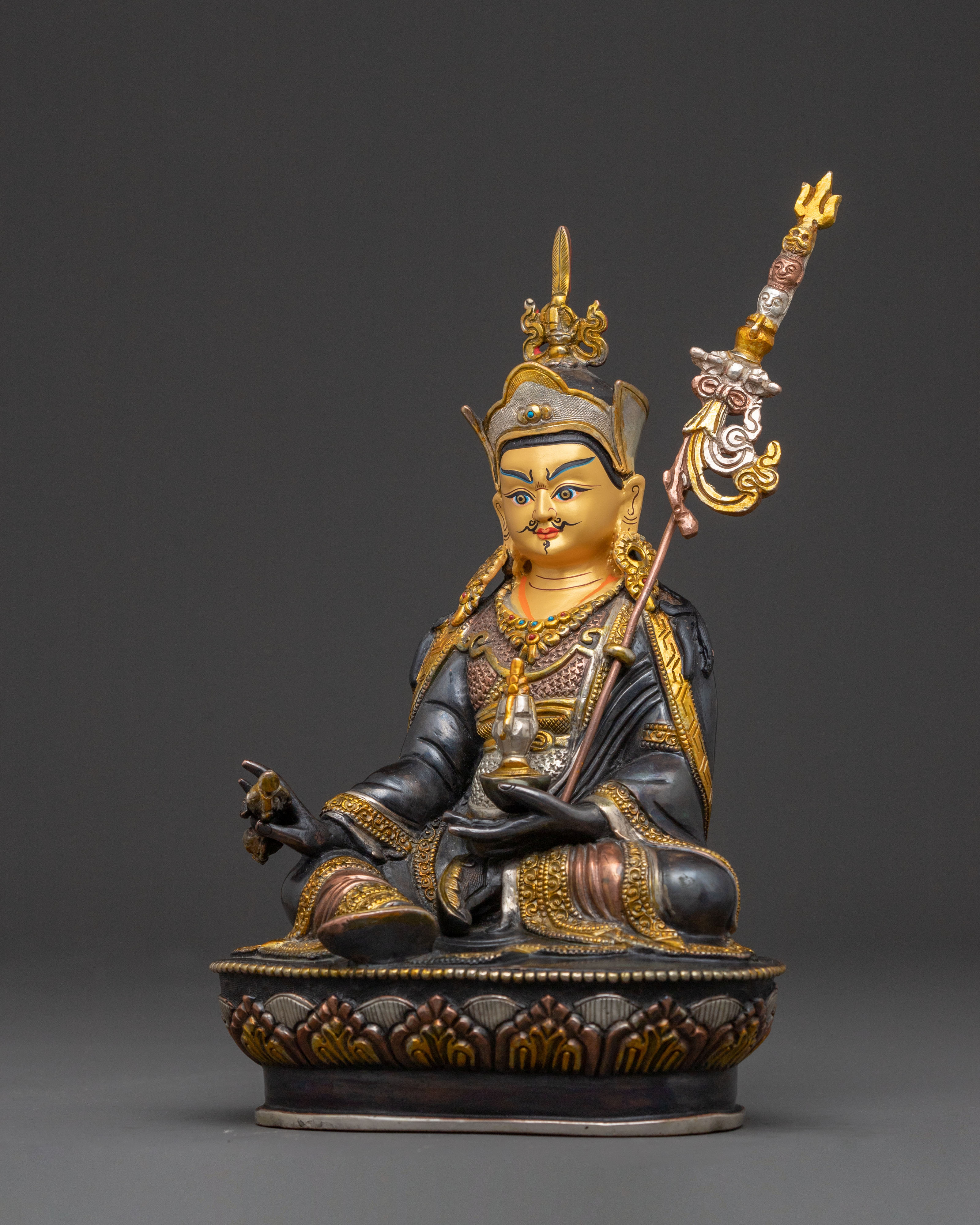 Guru Rinpoche Meditation Statue - Gilded Oxidized Copper