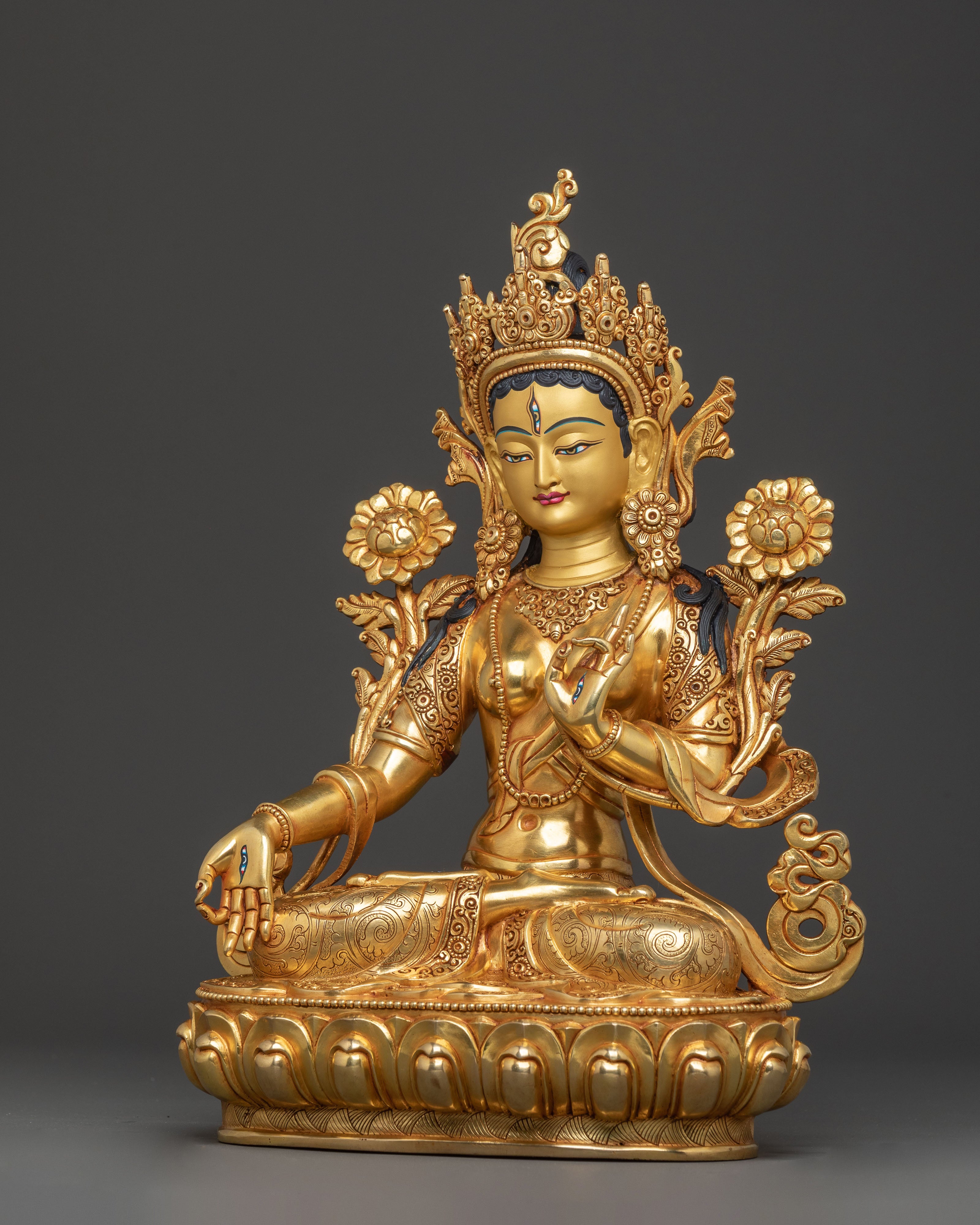 White Tara Meditation Deity Statue: 24K Gold Gilded Masterpiece