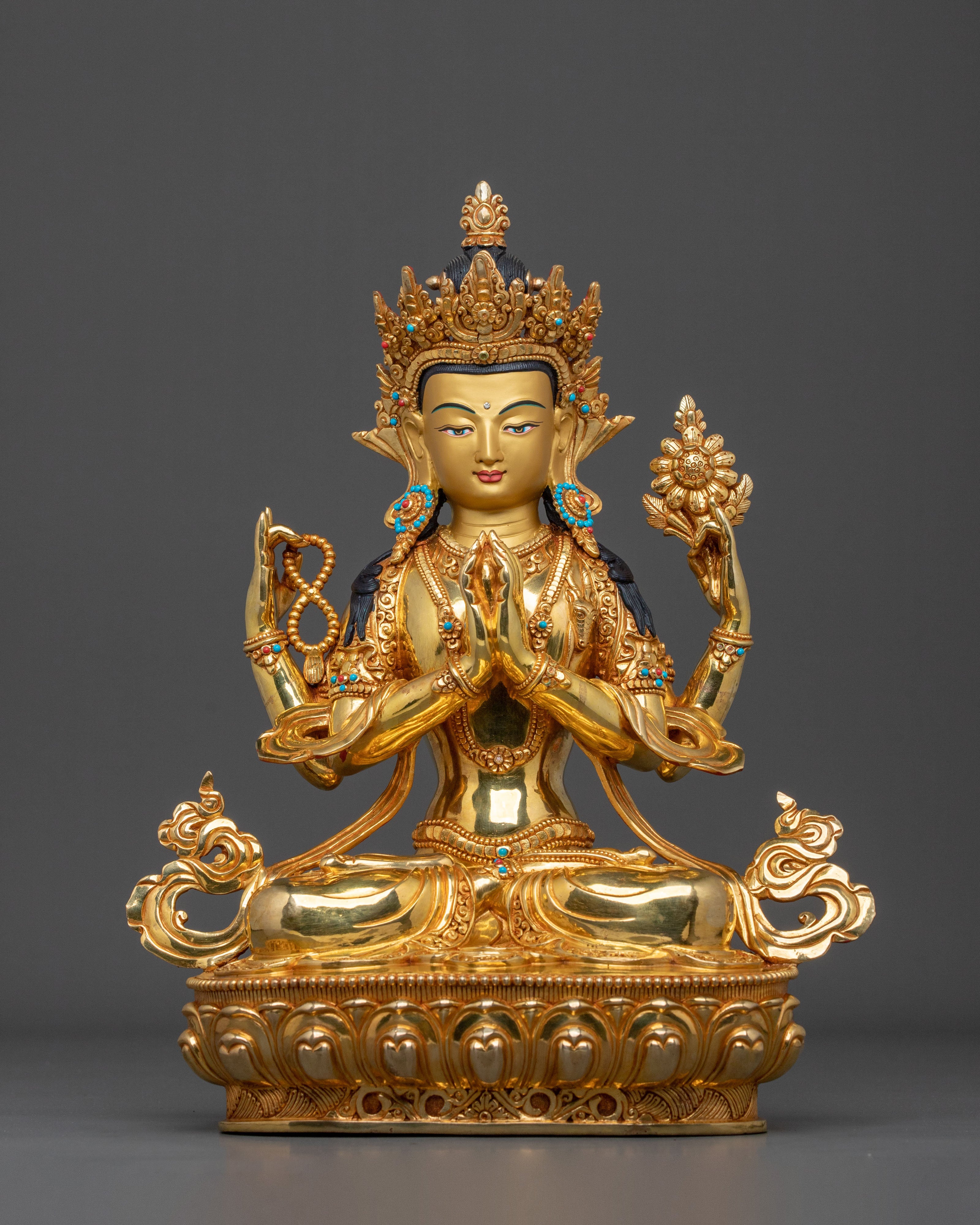 Handcrafted Four Armed Chenrezig Sculpture | Buddhist Protector Deity