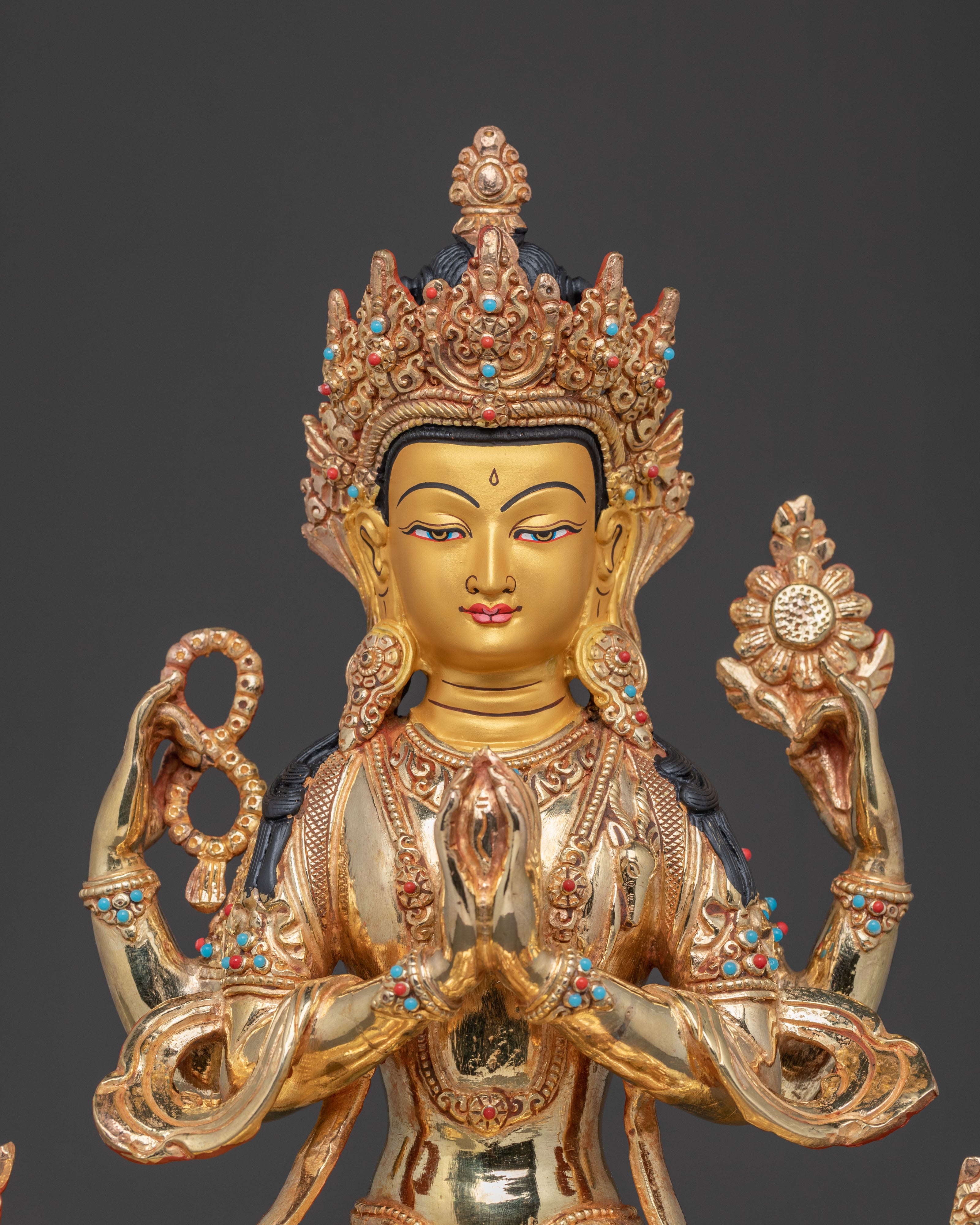 Compassionate Protector Avalokiteshvara Sculpture: Exquisite 24K Gold Gilded