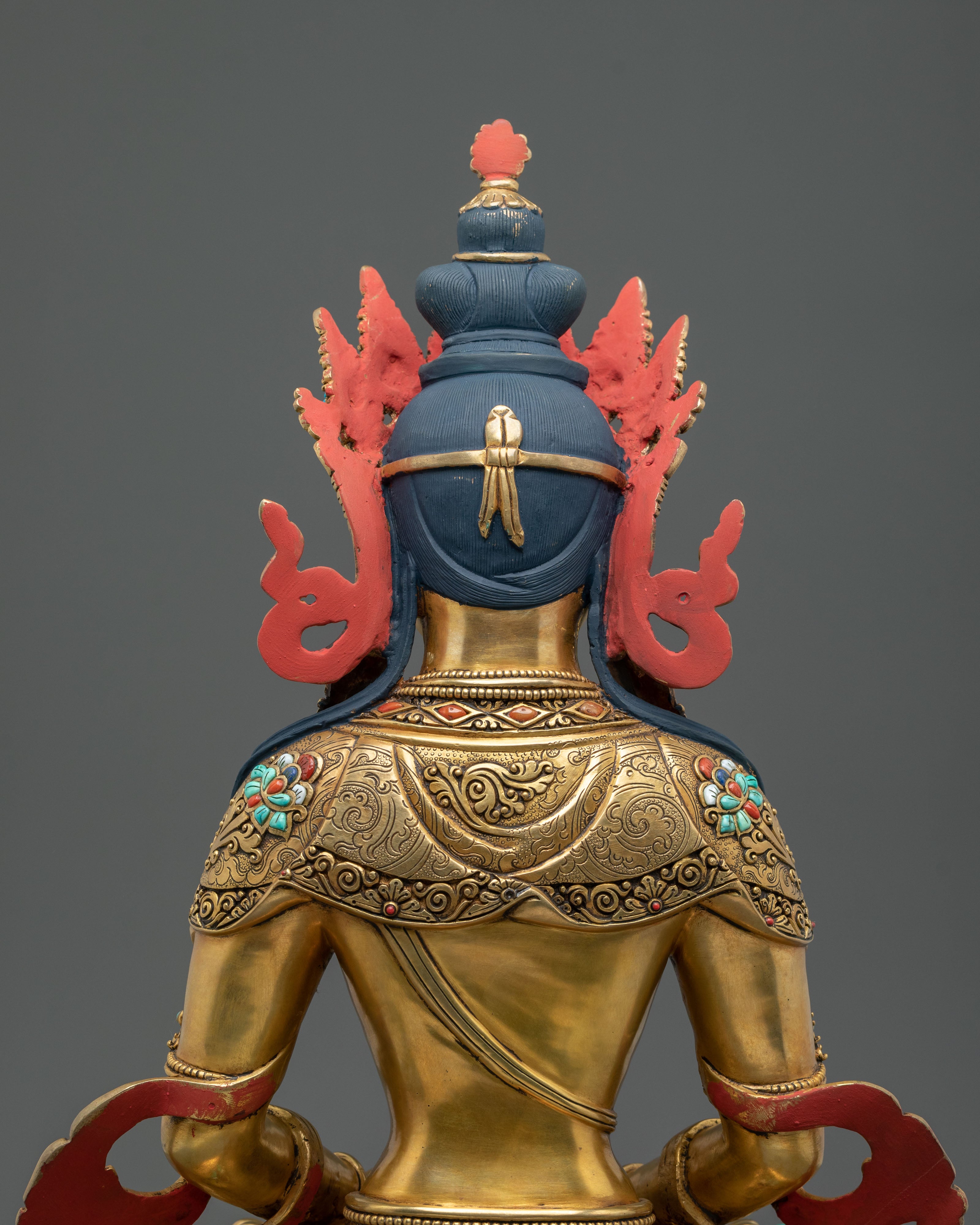 24K Gold Gilded Copper Amitayus Statue with Gemstones | Buddha of Infinite Life