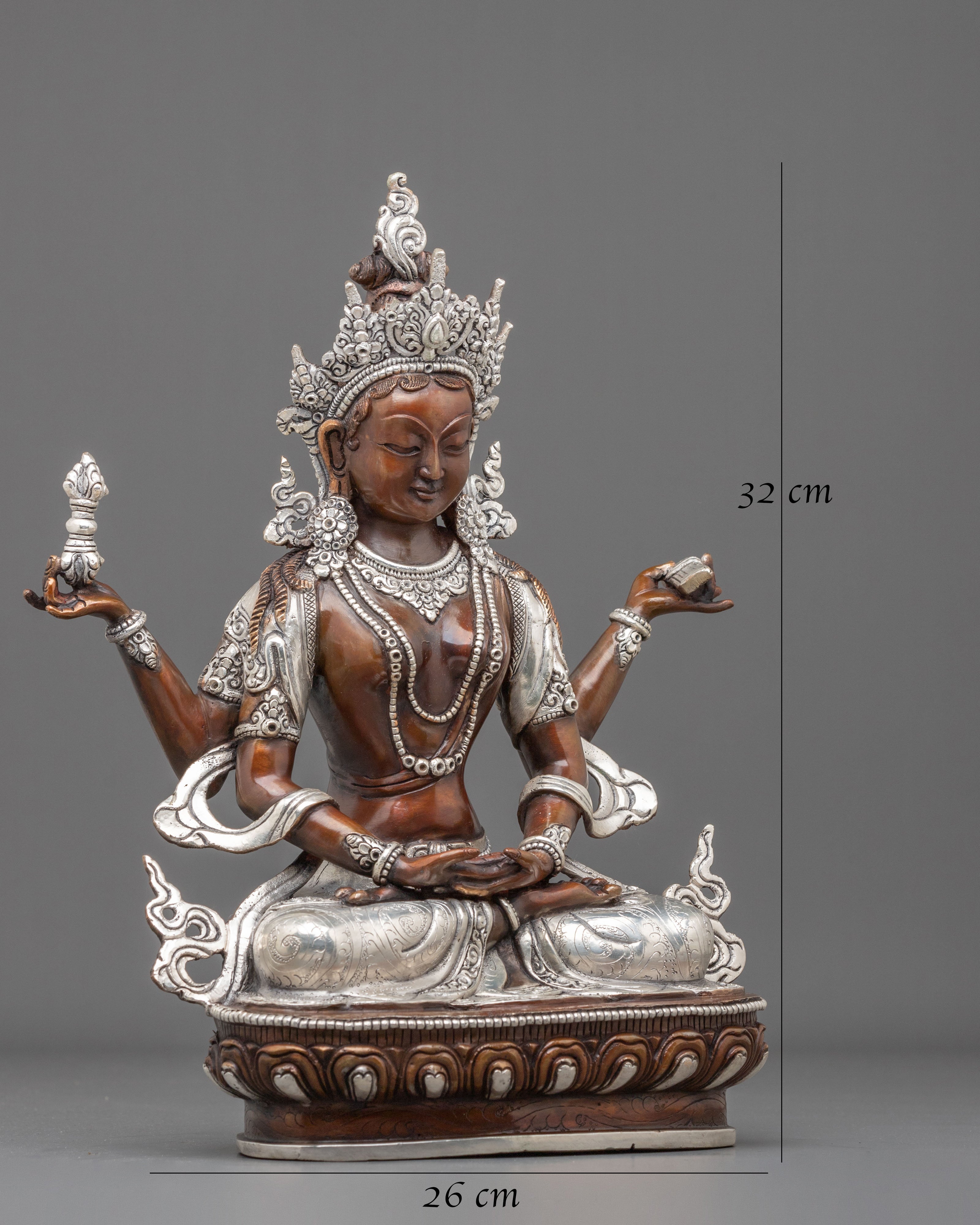 Prajnaparamita Wisdom Goddess Statue | Silver-Plated Copper Sculpture