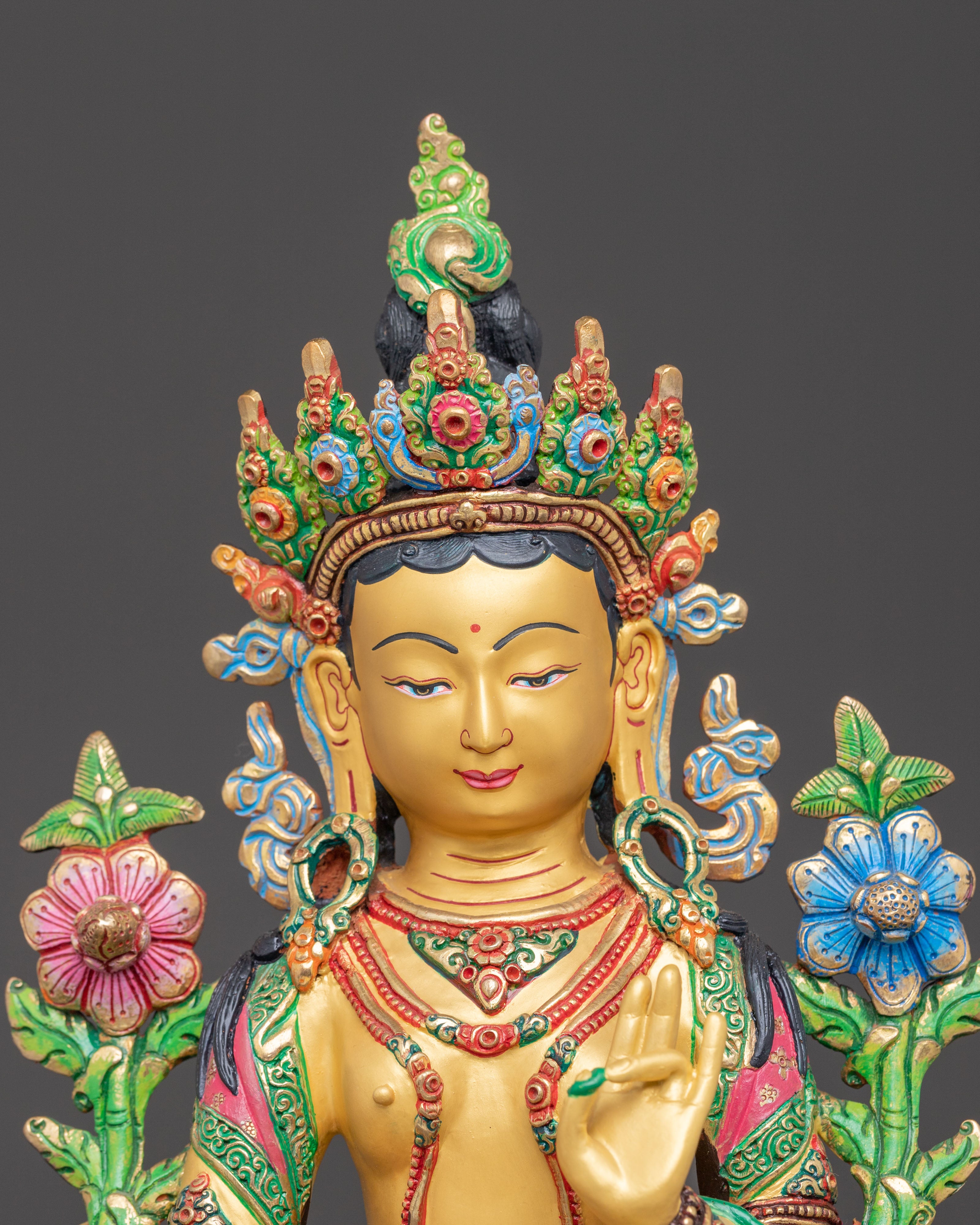 Vibrant Mother Green Tara Statue | 24K Gold Gilded Sculpture