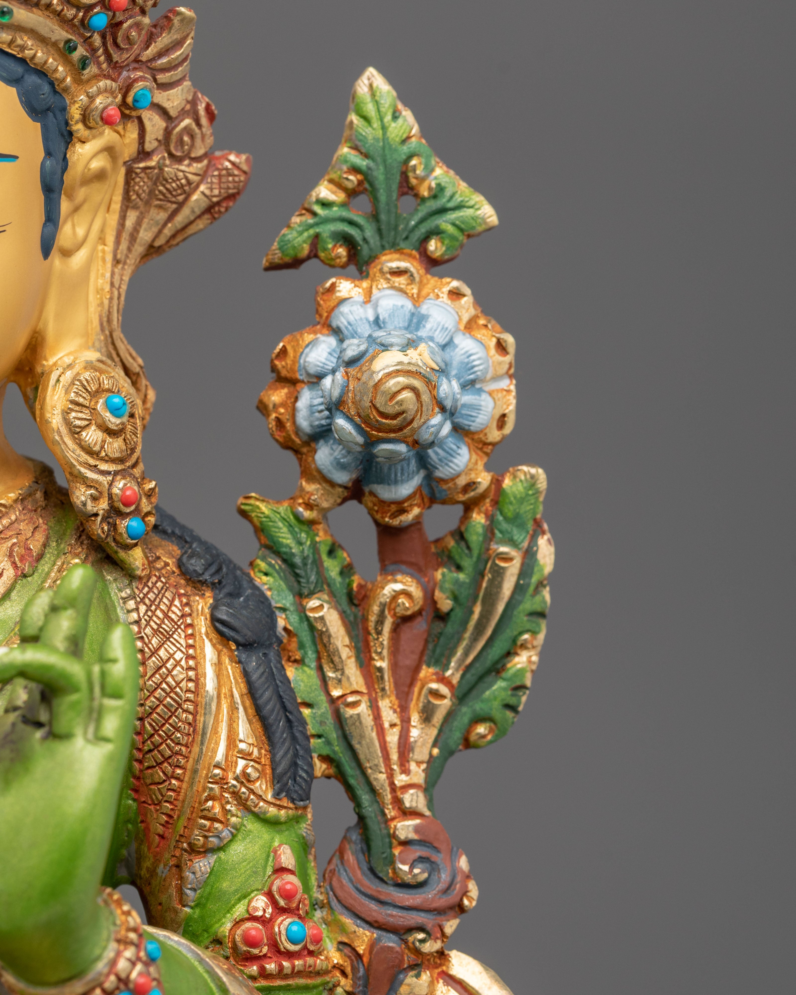Traditional Green Tara Golden Statue | Tibetan Buddhist Compassion Deity