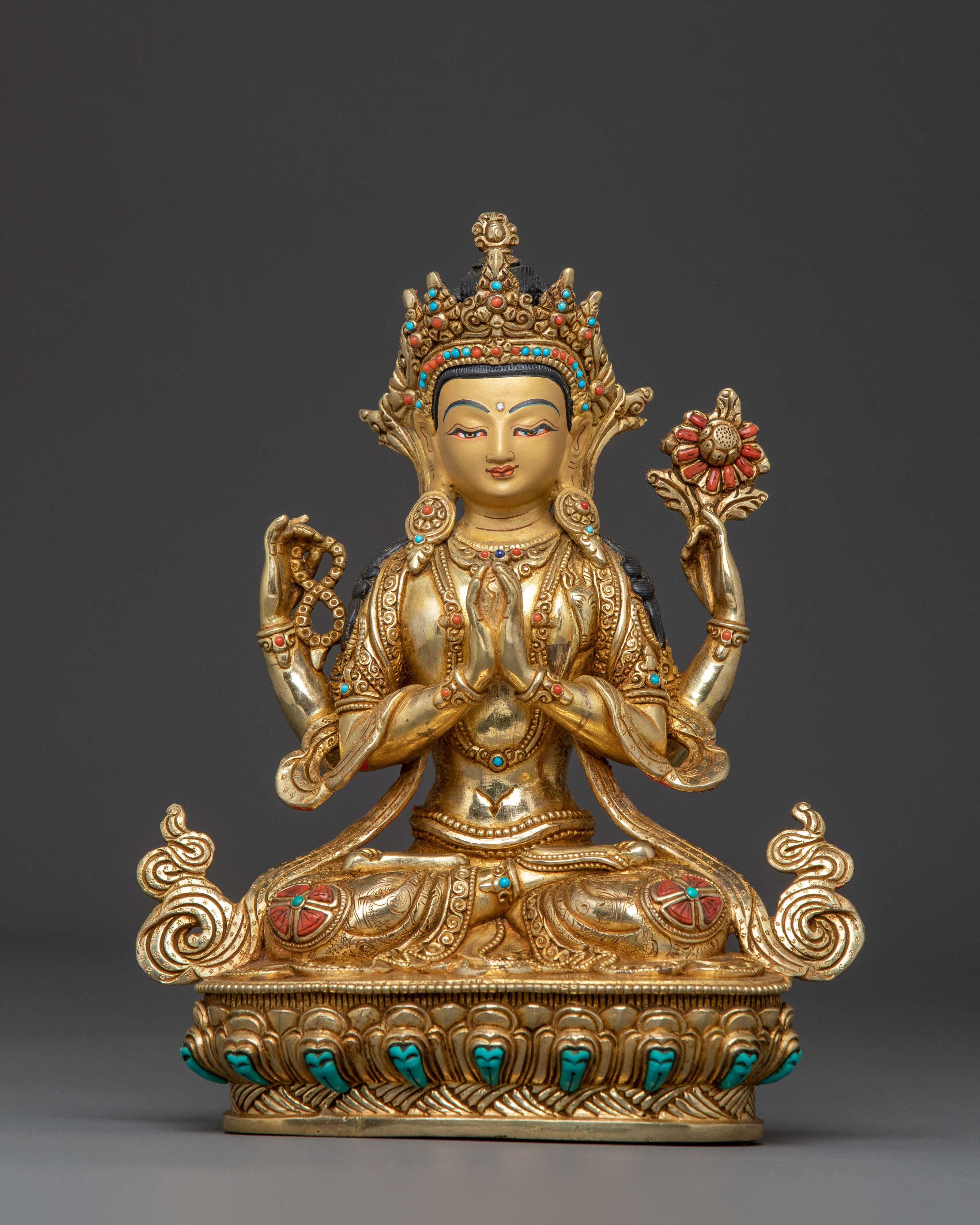24k Gold Gilded and Copper Chenrezig Statue – Divine Compassion