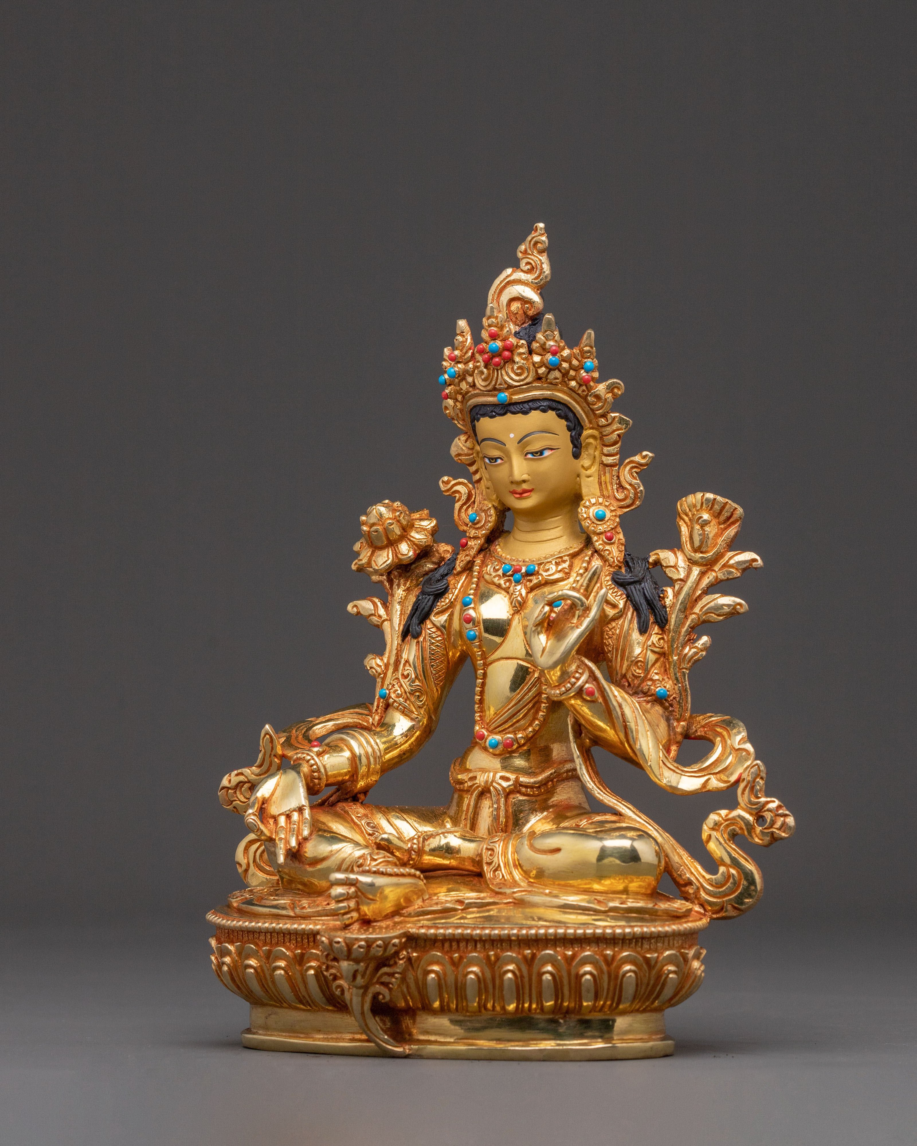 Gold Glided Green Tara Statue - Handcrafted Copper Artwork