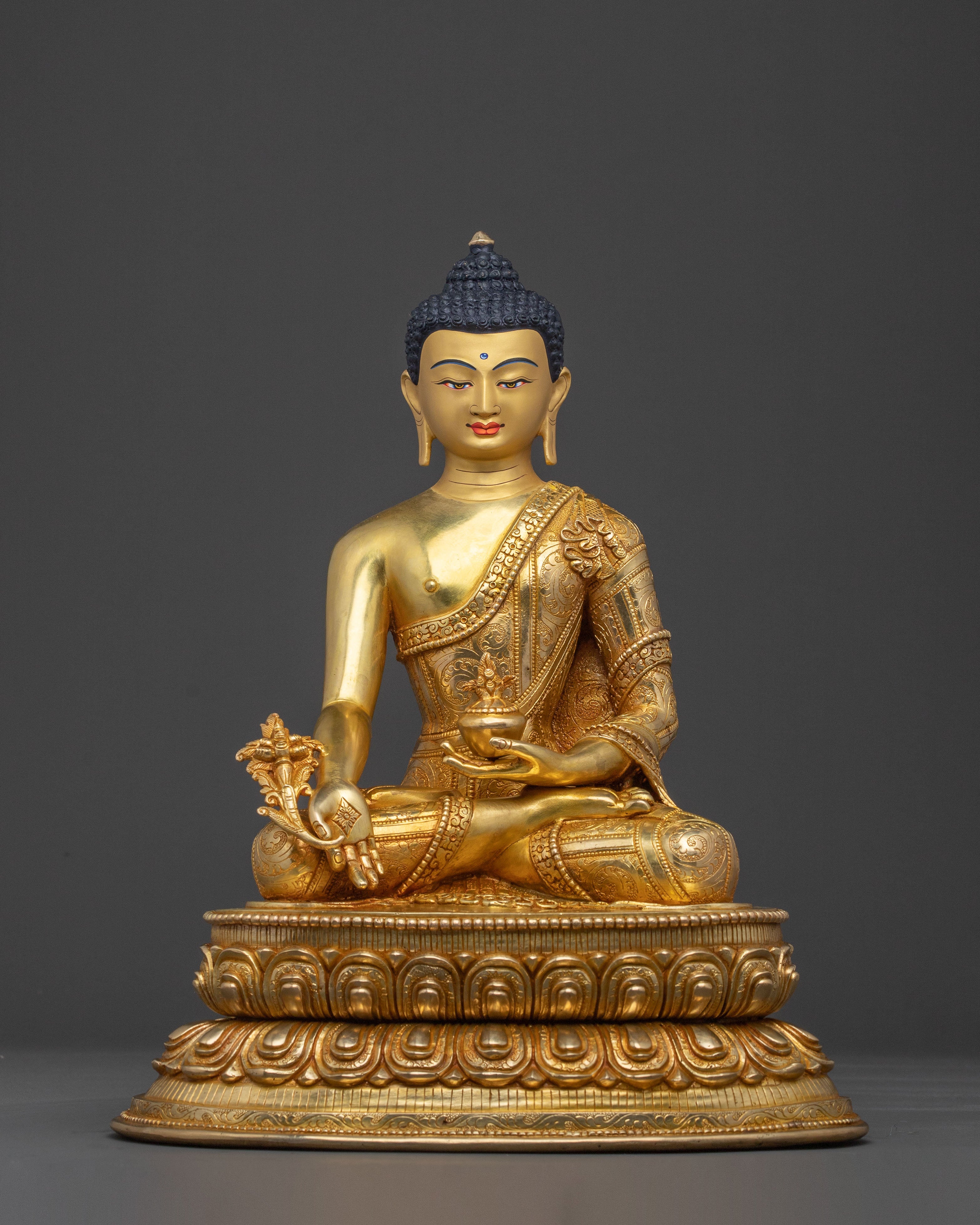 Medicine Buddha Divine Statue: Hand-Gilded Copper Art