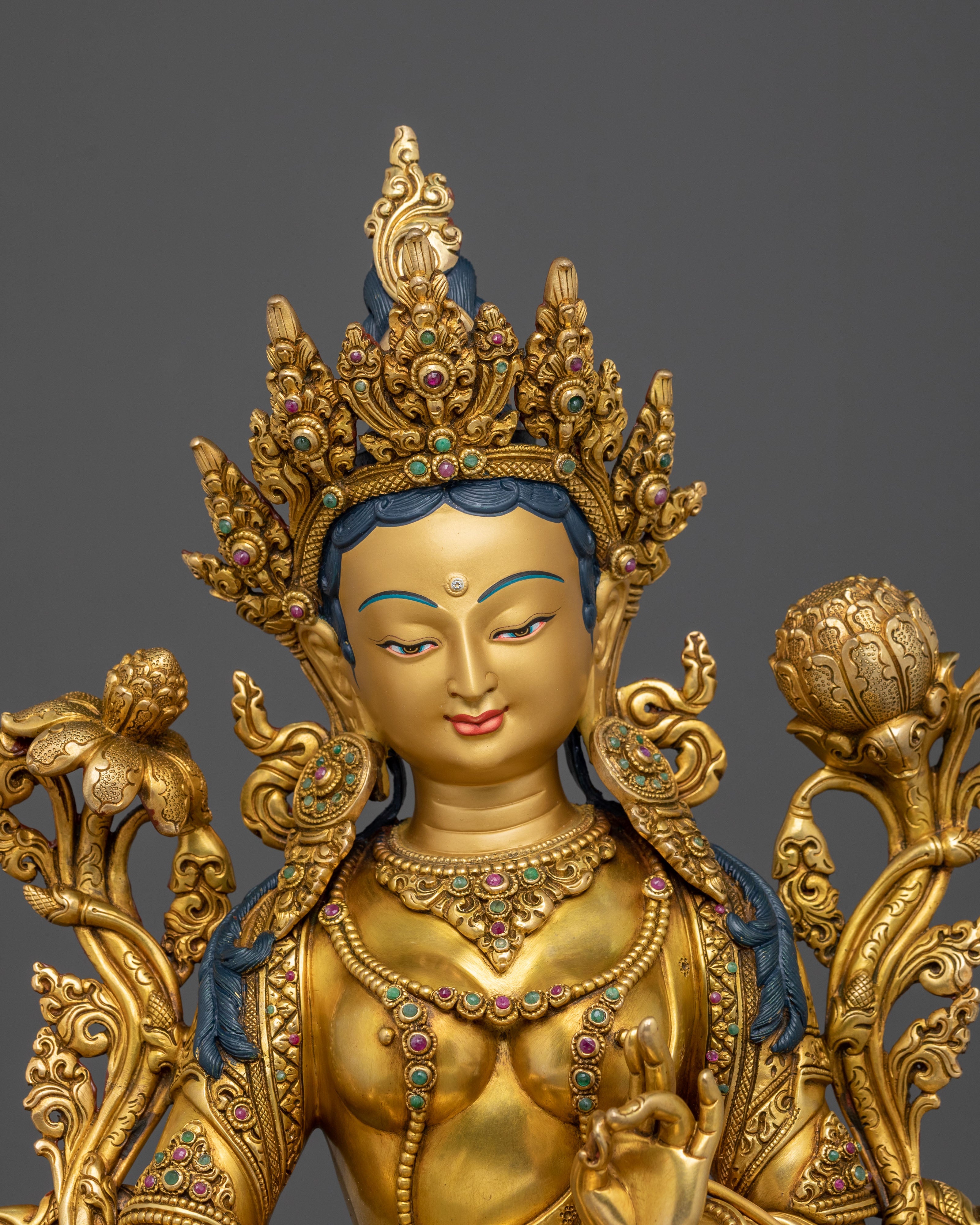 Tibetan Goddess Sculpture of Green Tara | 24K Gold Gilded Compassion Statue