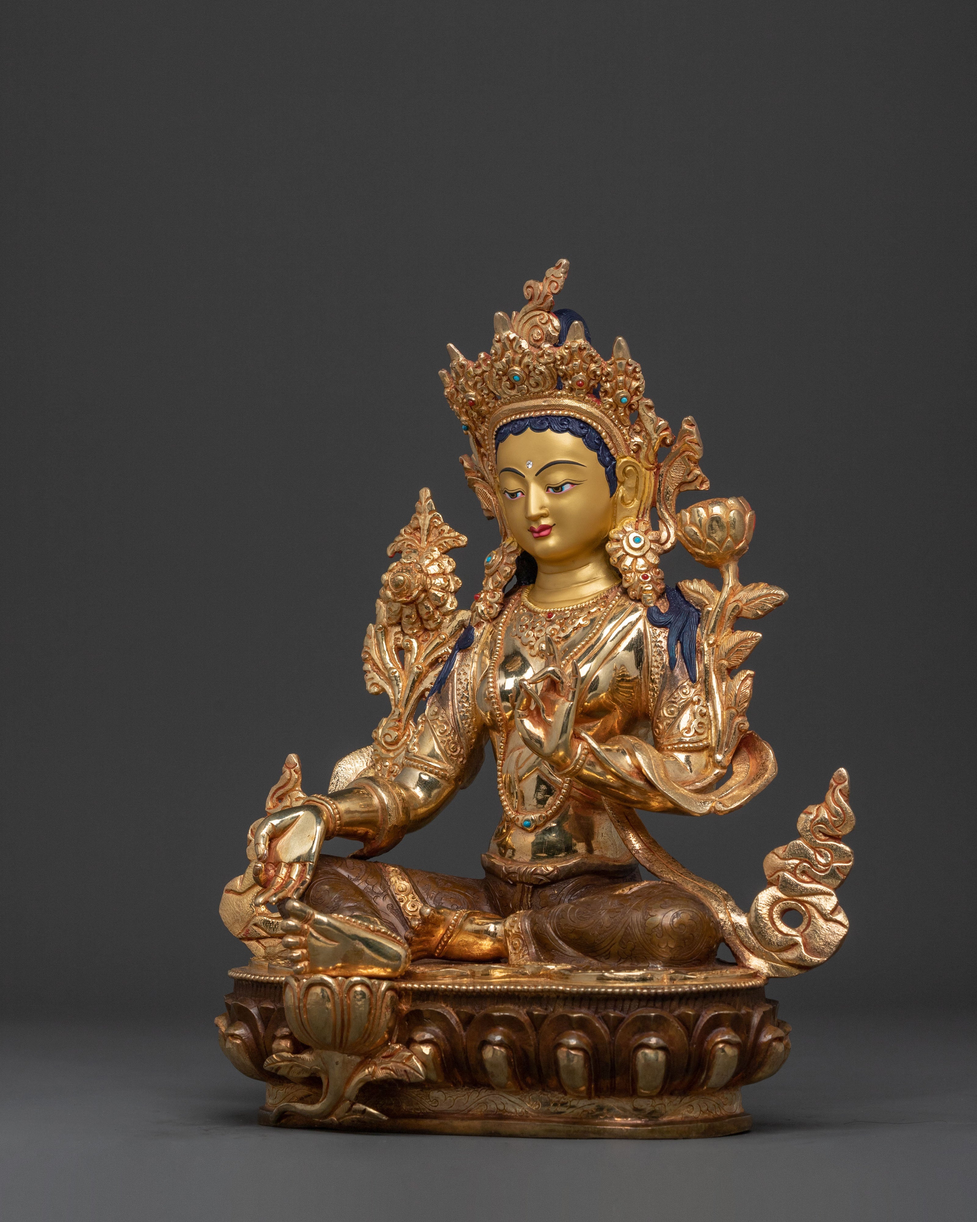 Green Tara Statue: 24K Gold Gilded Copper Sculpture