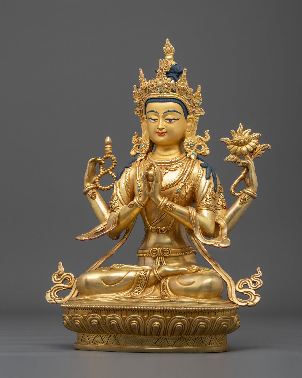 Handmade Chenrezig Copper Sculpture | 24K Gold Glided