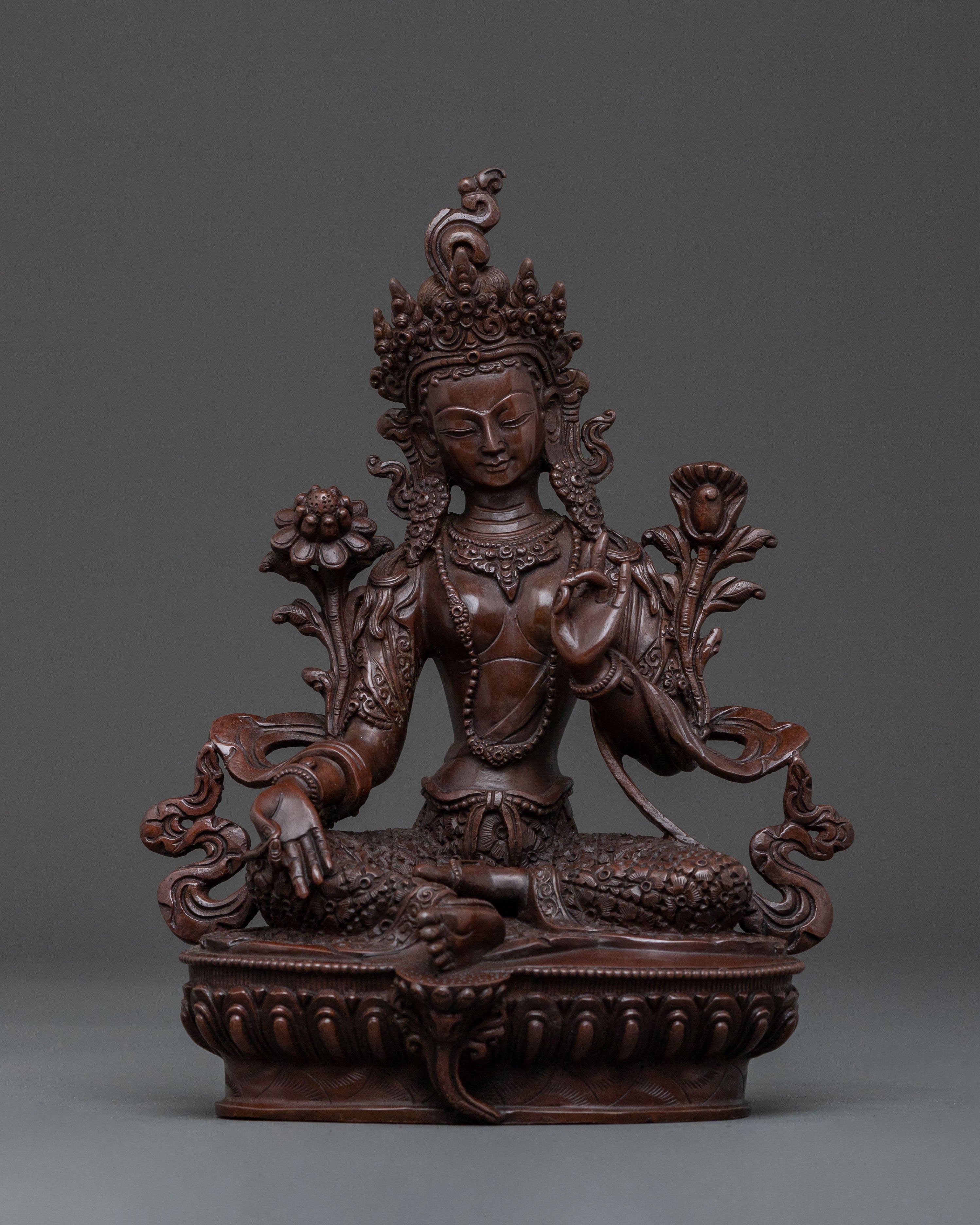 Green Tara Statue | Serene Oxidized Copper Figure