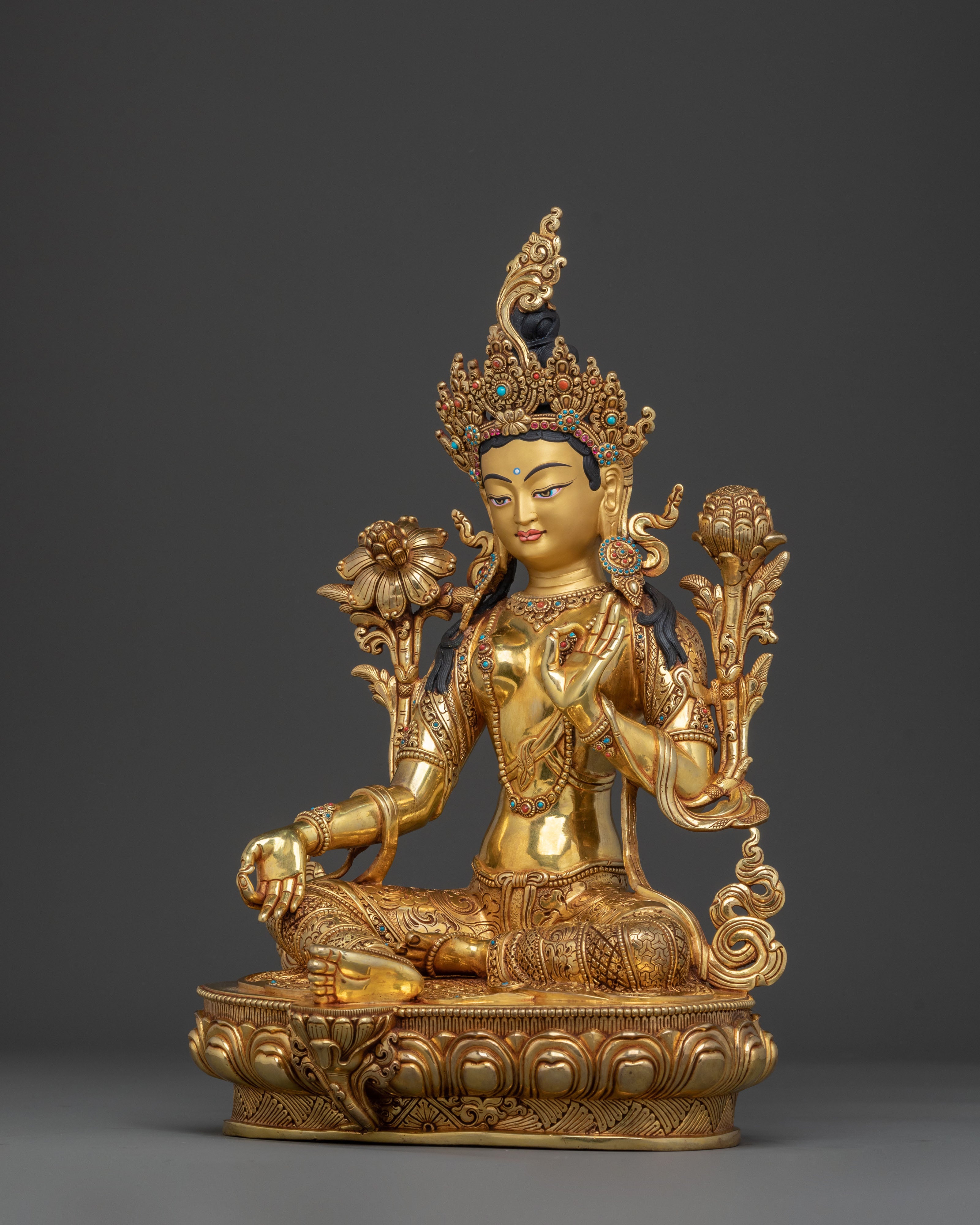 Green Tara Statue | 24K Gold Gilded Figurine