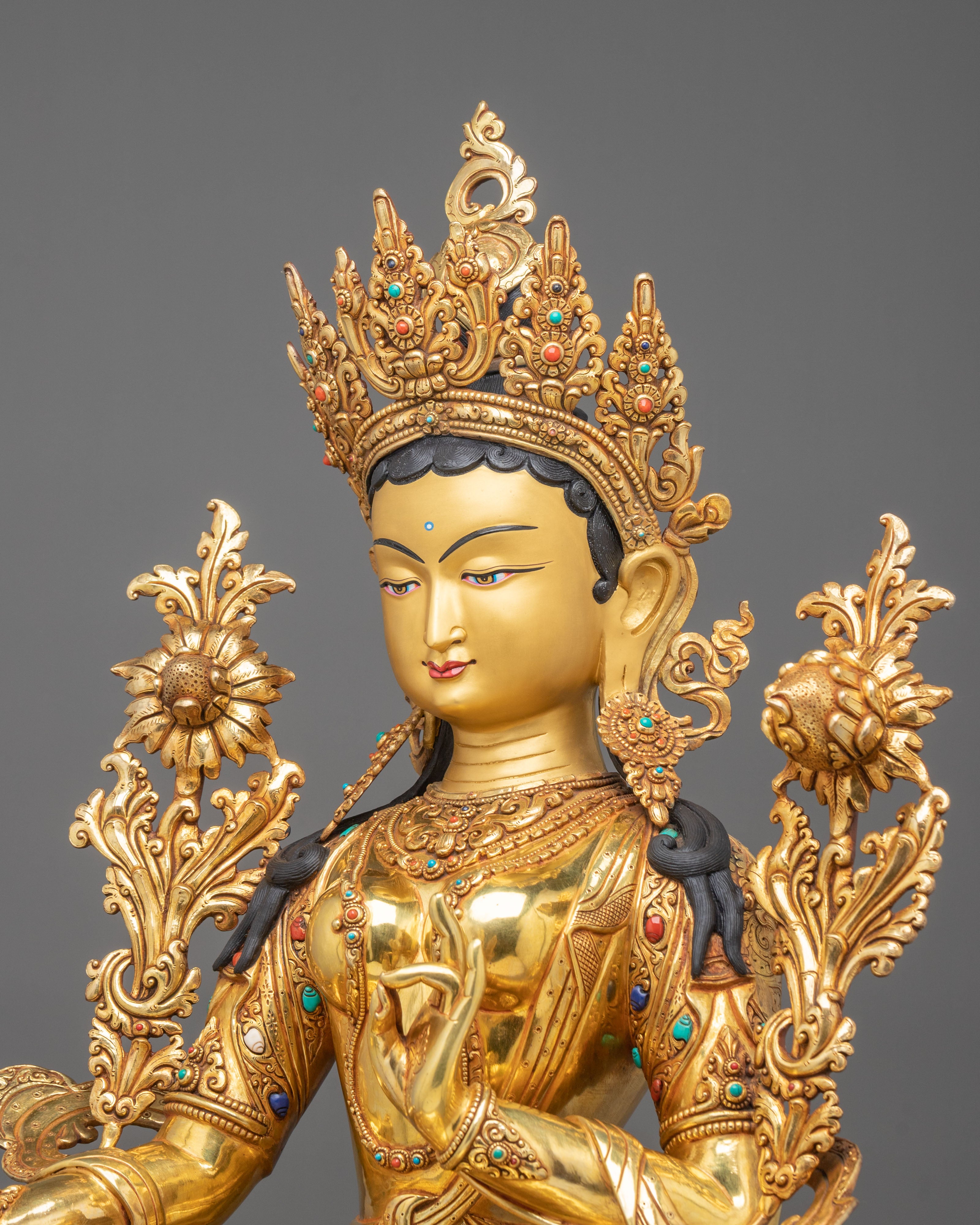 Green Tara 24K Gold-Coated Sculpture | Buddhist Guardian
