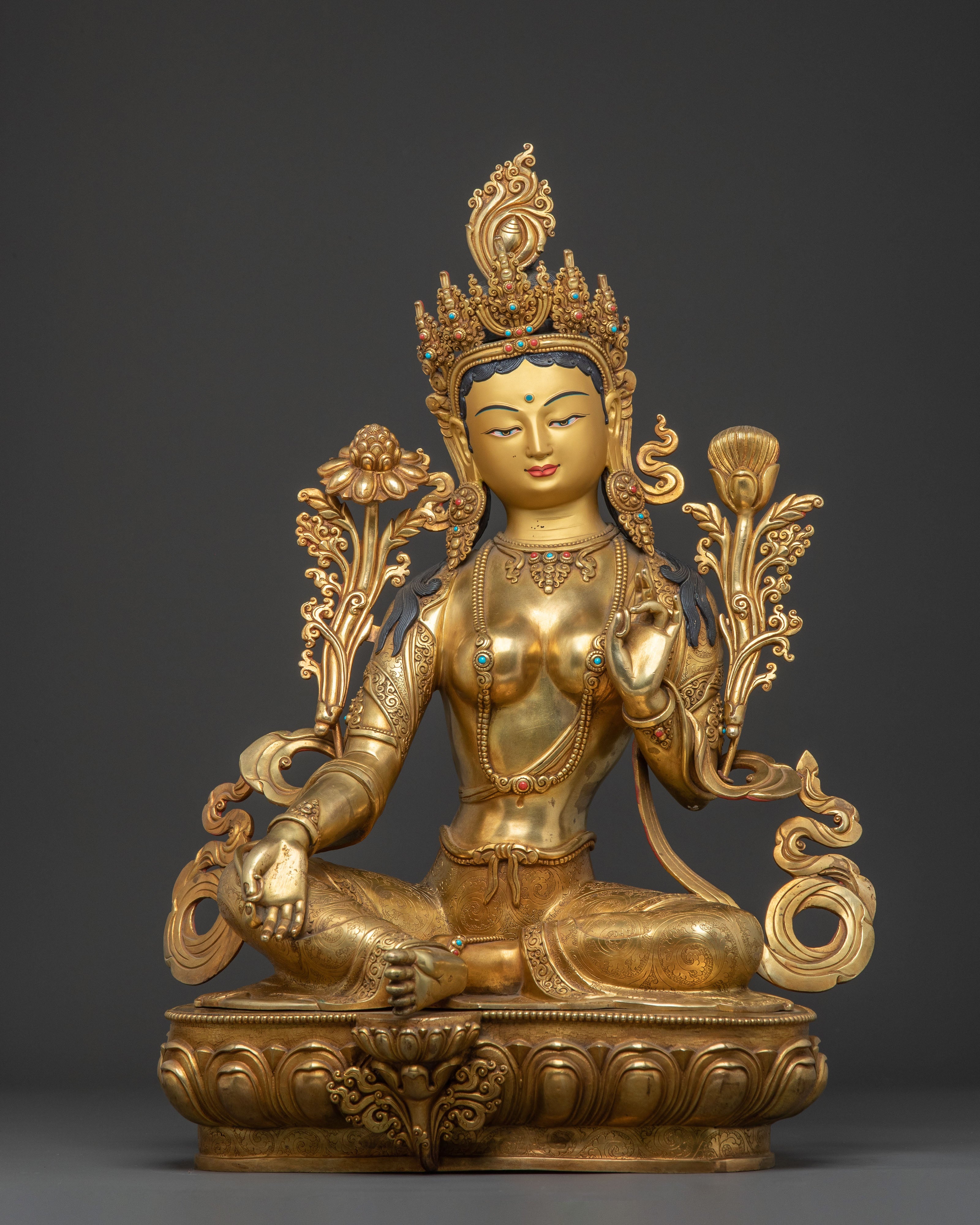 Sacred Green Tara Altar Statue – Hand-Gilded Copper