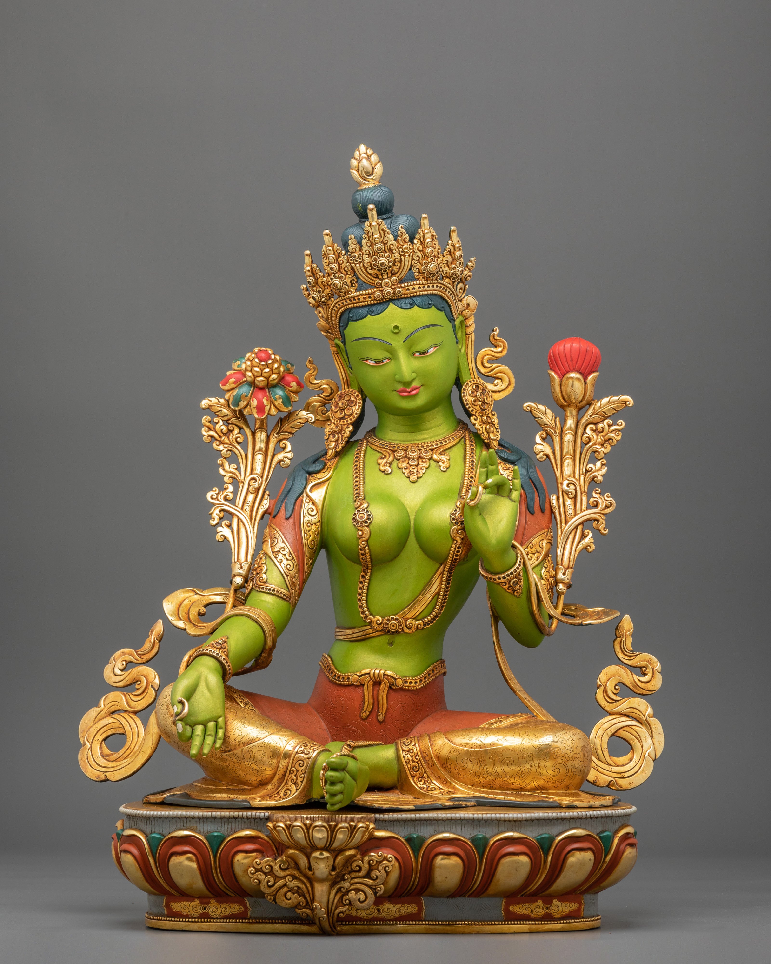 Green Tara Statue | Gold and Acrylic Painted Figurine