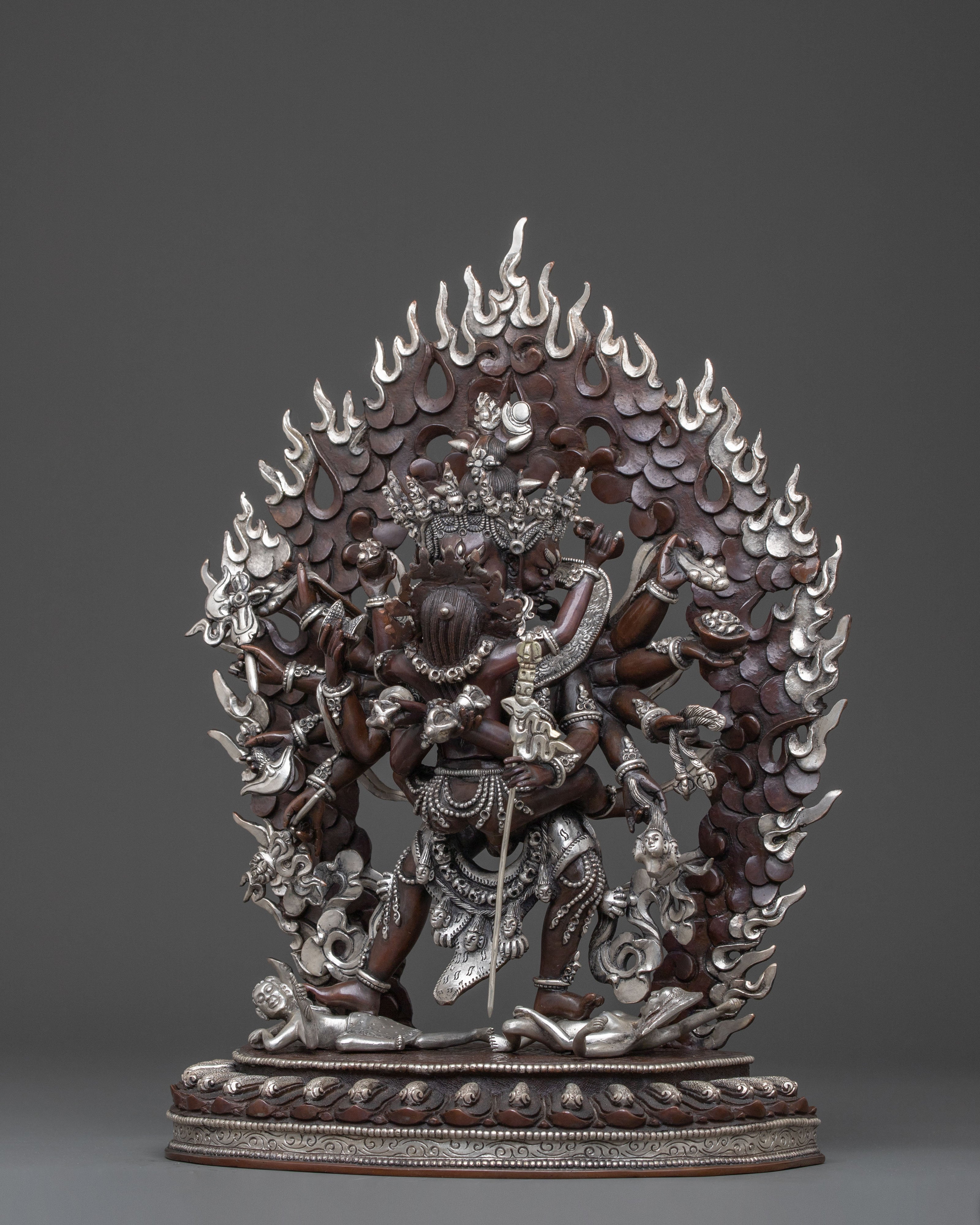 Chakrasamvara: Oxidized Copper Statue with Silver Plating