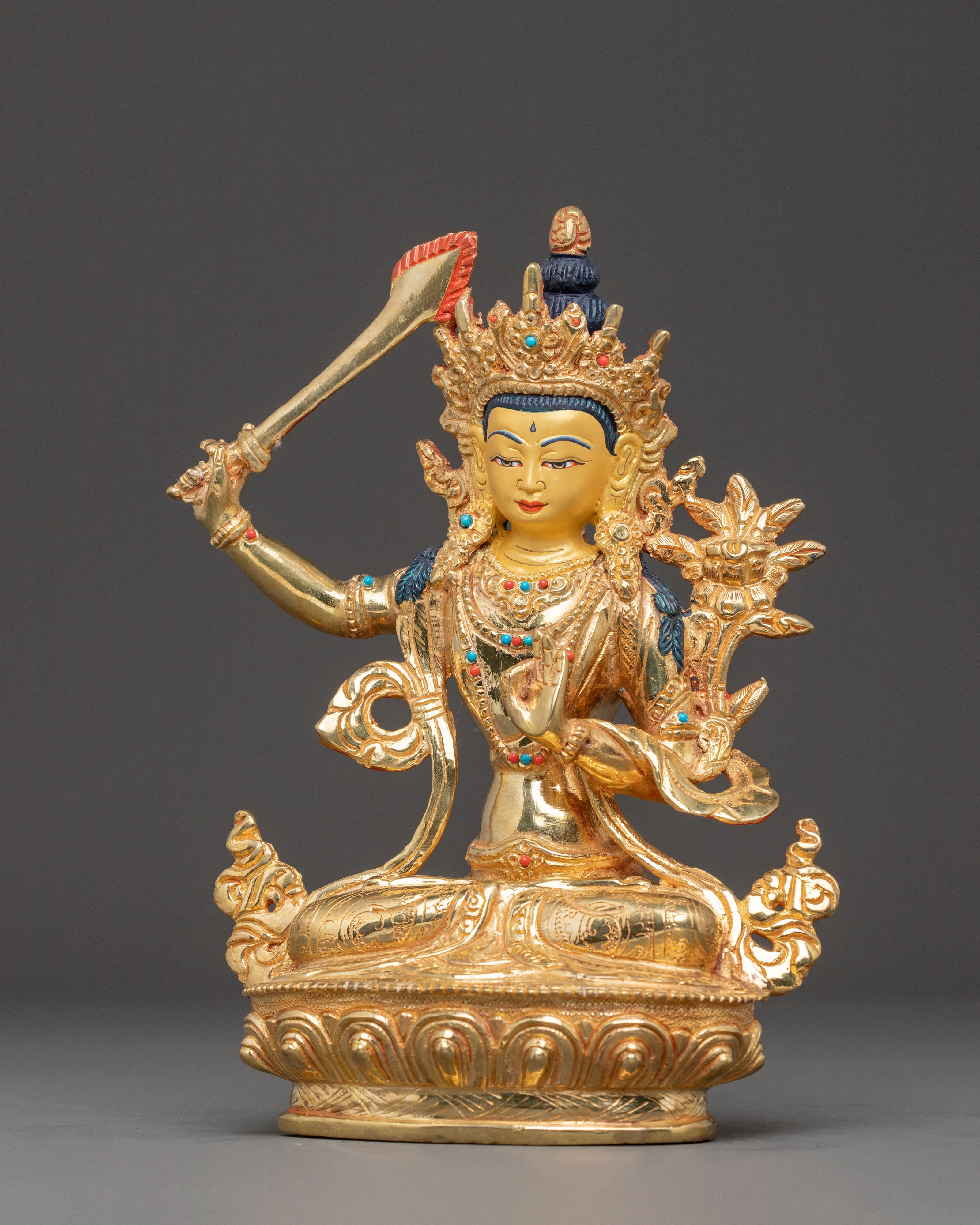 Handmade Golden Manjushri Copper Statue | Symbol of Wisdom
