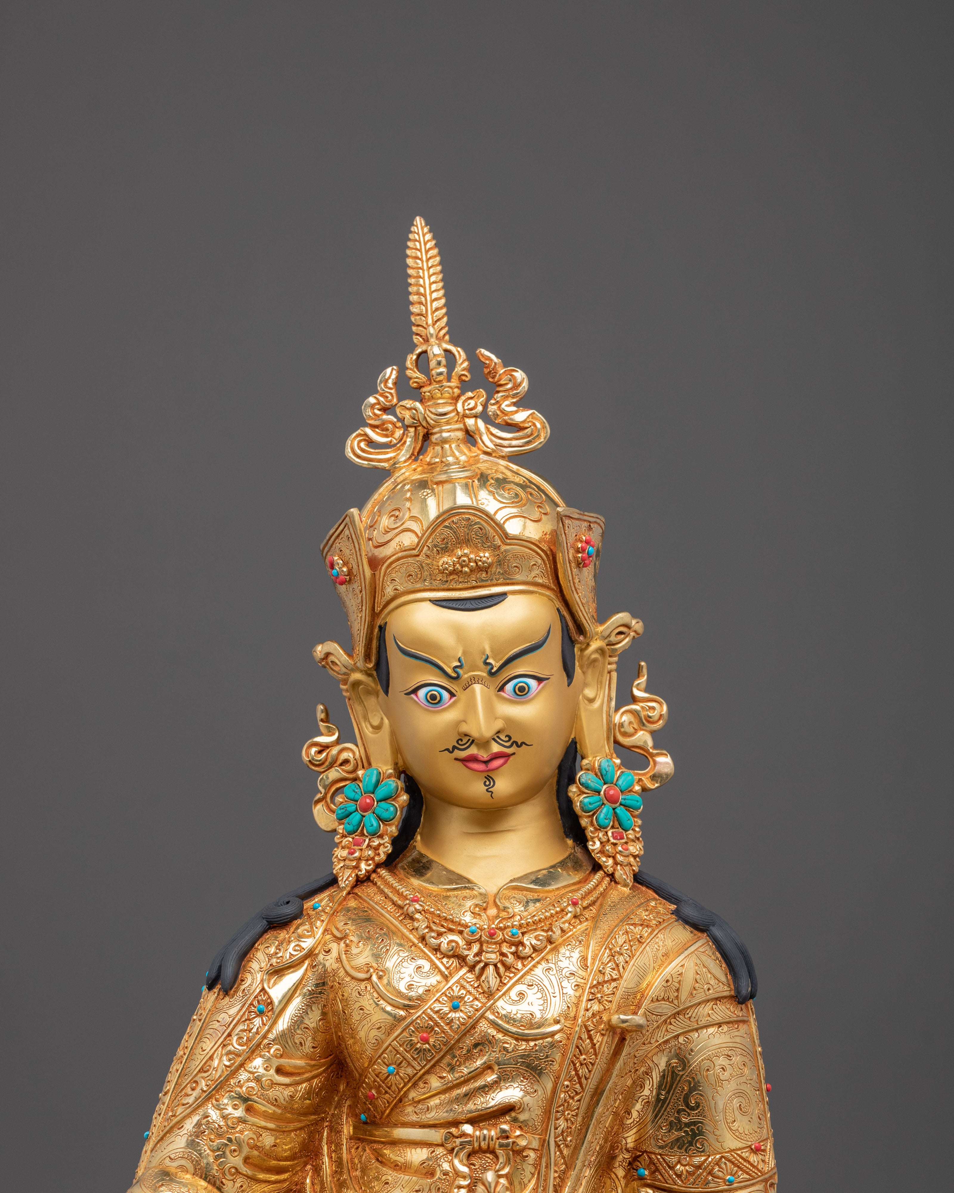 24K Gold Gilded Copper Figurine of Guru Rinpoche