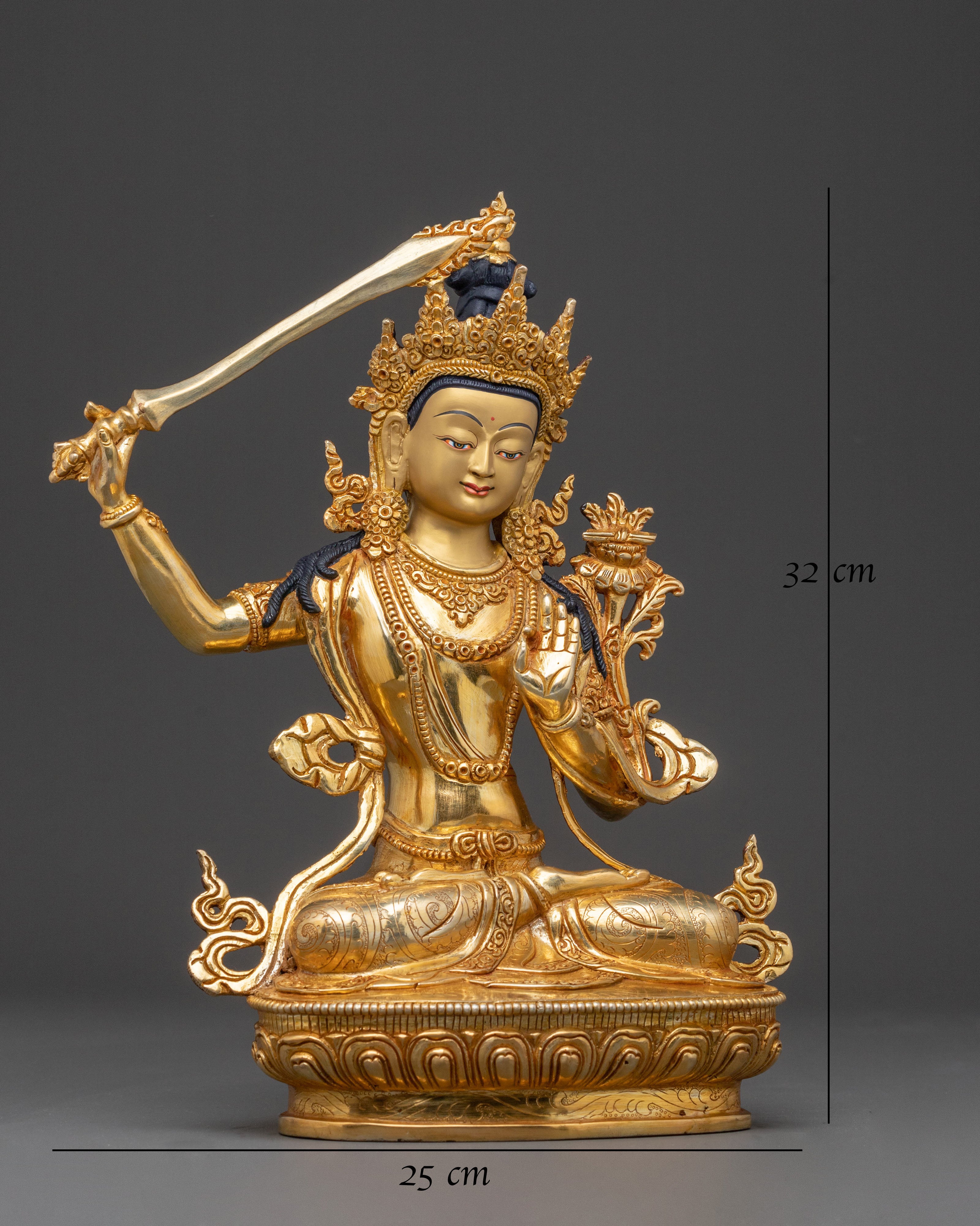 Gold Electroplated Manjushri Sculpture: Radiant Wisdom Artistry