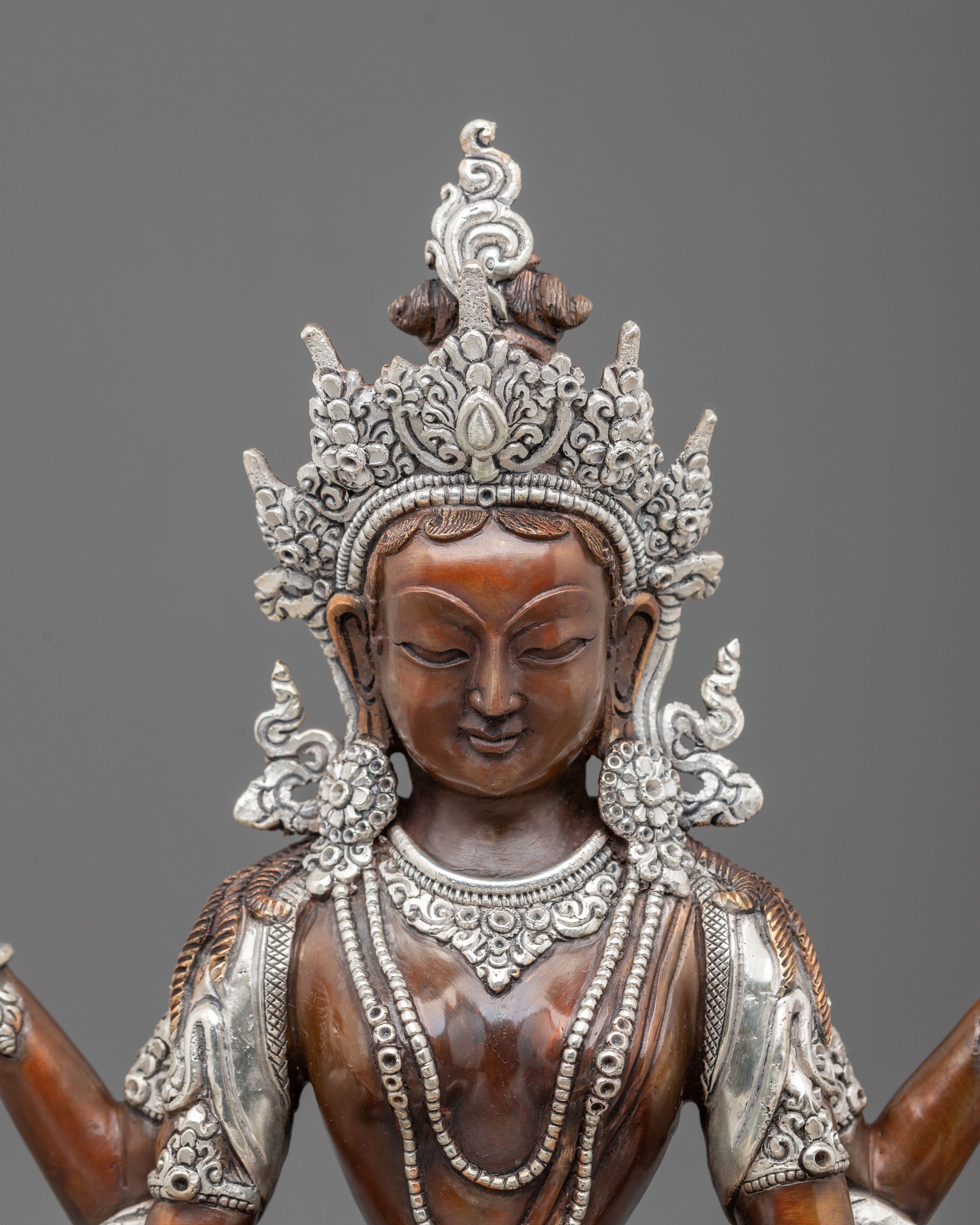 Prajnaparamita Wisdom Goddess Statue | Silver-Plated Copper Sculpture
