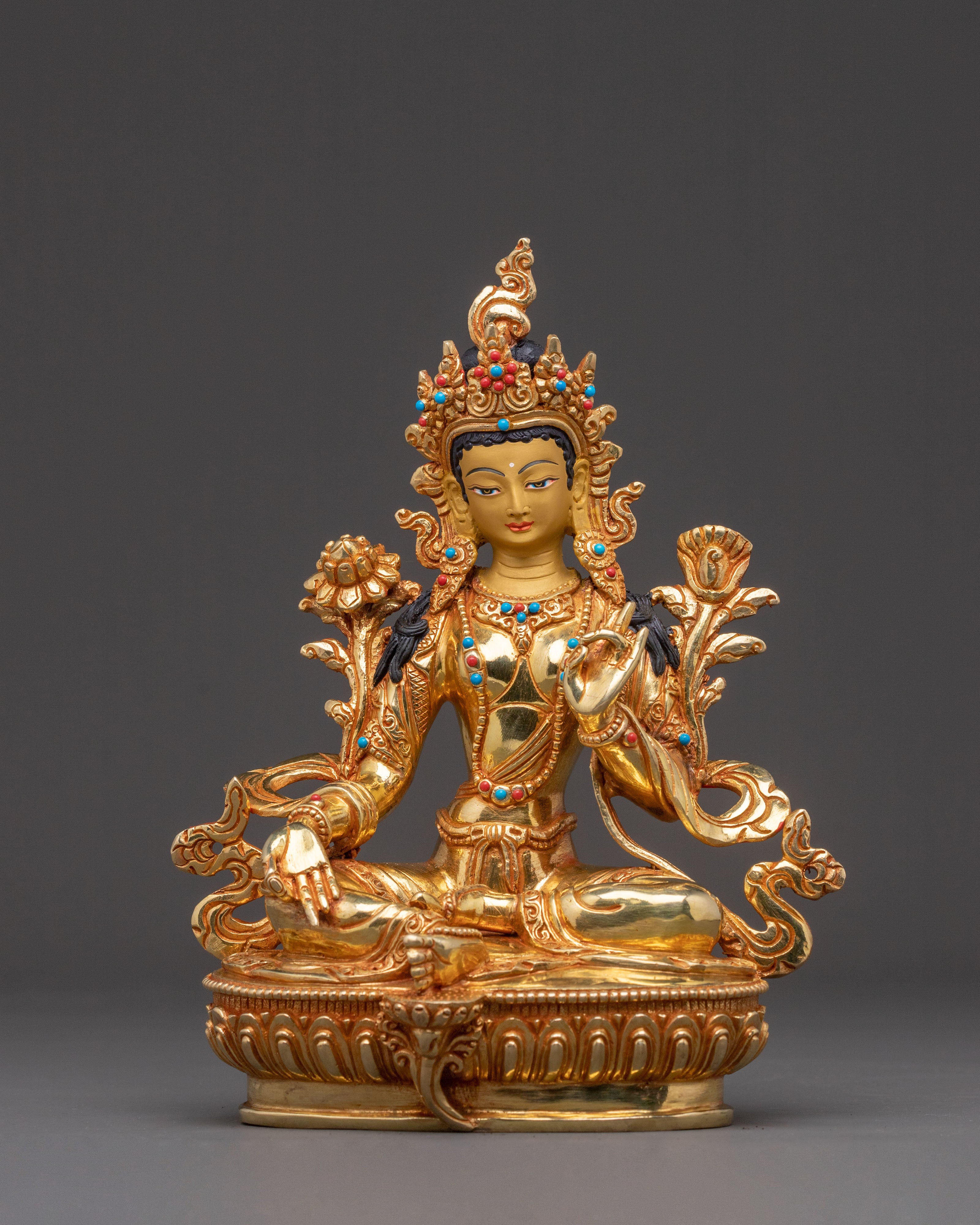 Gold Glided Green Tara Statue - Handcrafted Copper Artwork