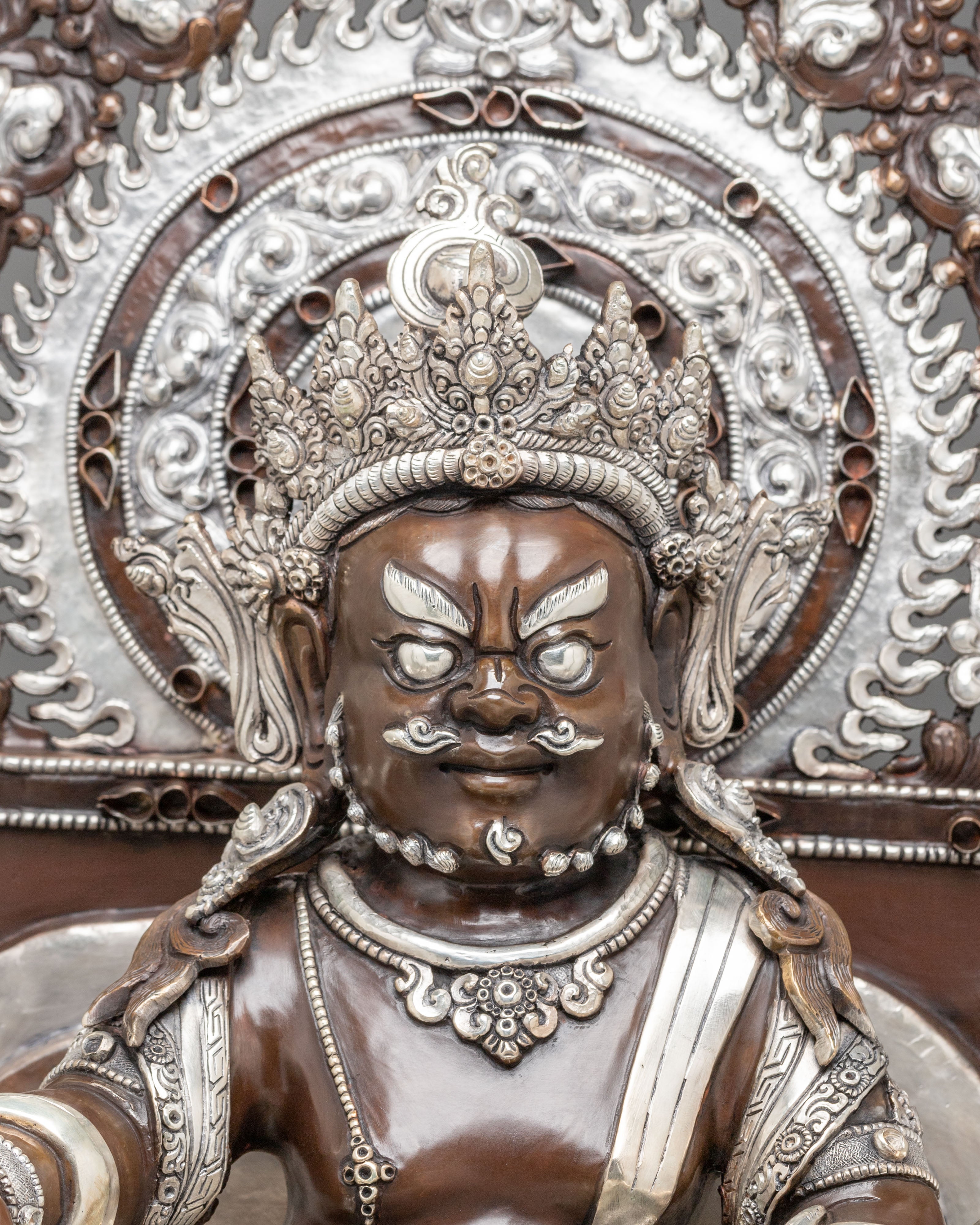 Dzambhala Statue on Throne | Oxidized Copper Figurine with Silver Plating