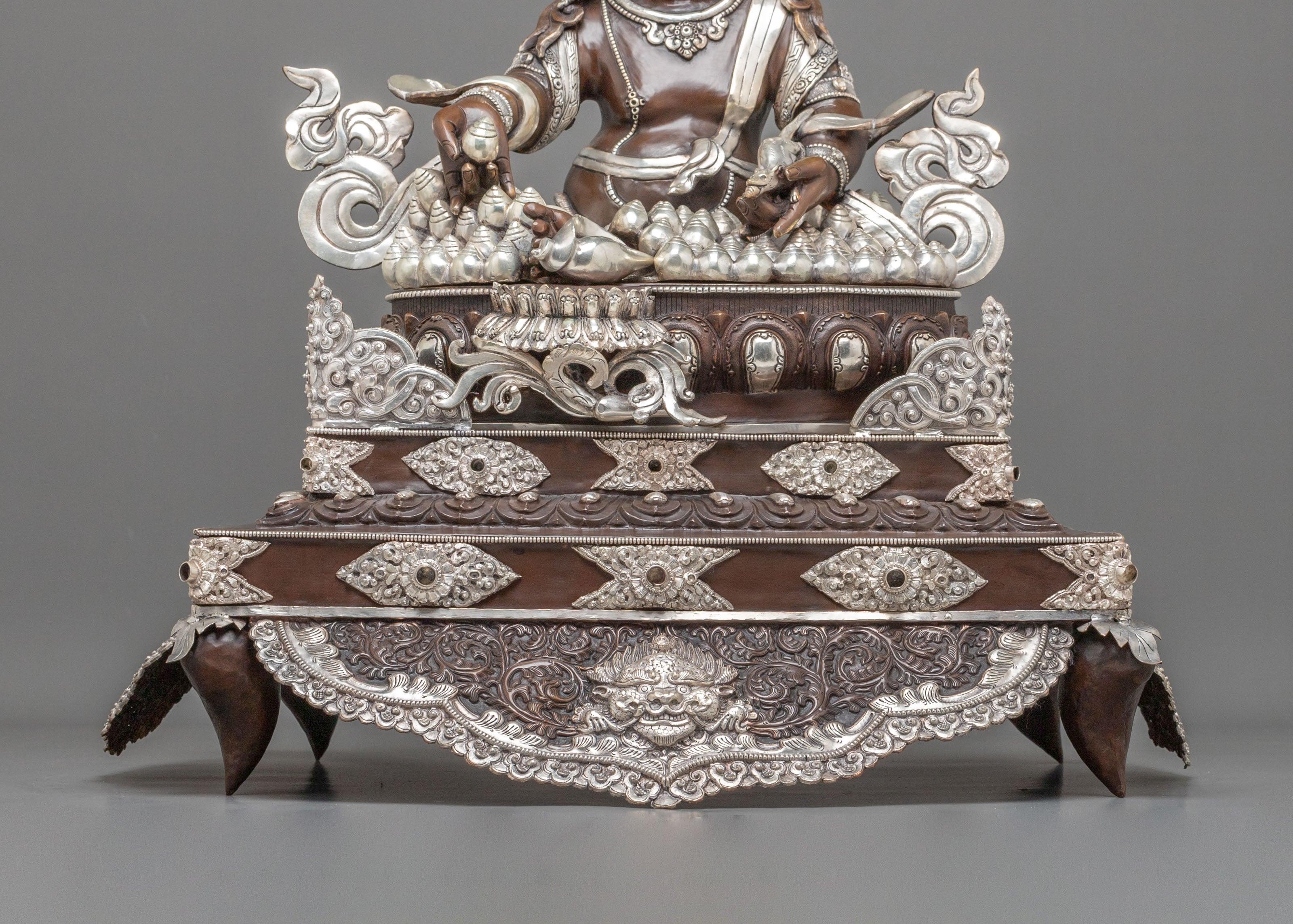 Dzambhala Statue on Throne | Oxidized Copper Figurine with Silver Plating