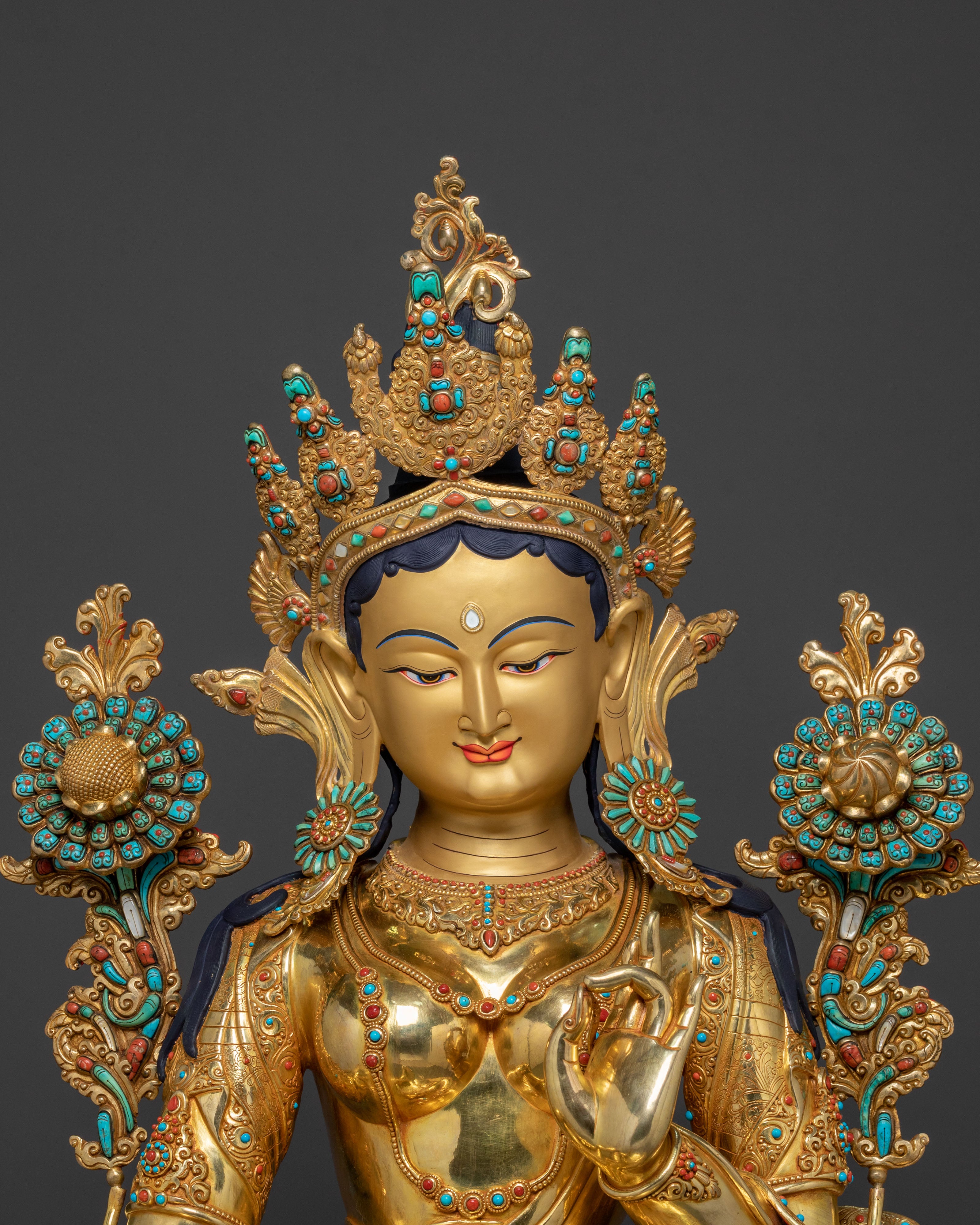 Life-Size Green Tara Statue | 24K Gold Glided Buddhist Sculpture