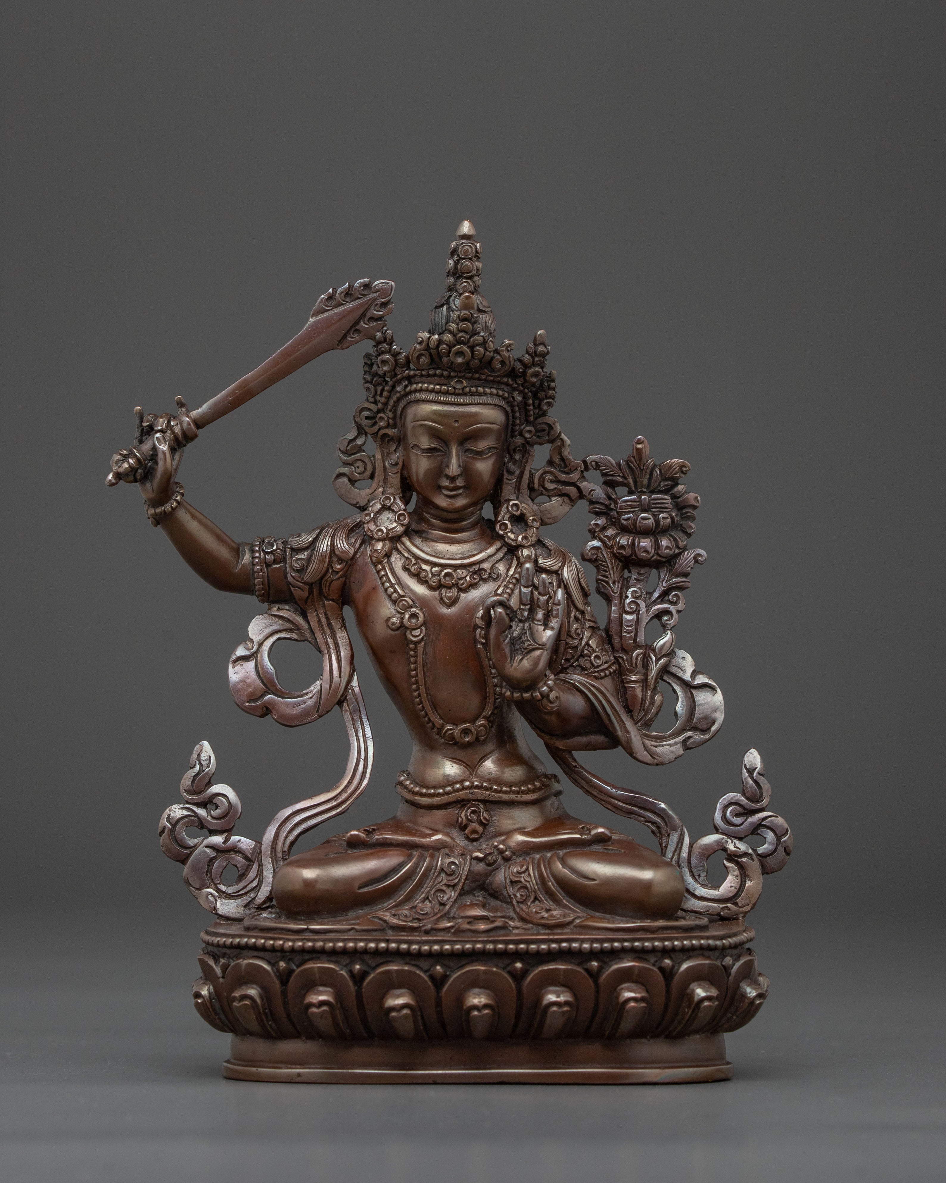 Manjushri Tibetan Buddhist Sculpture in Oxidized Copper