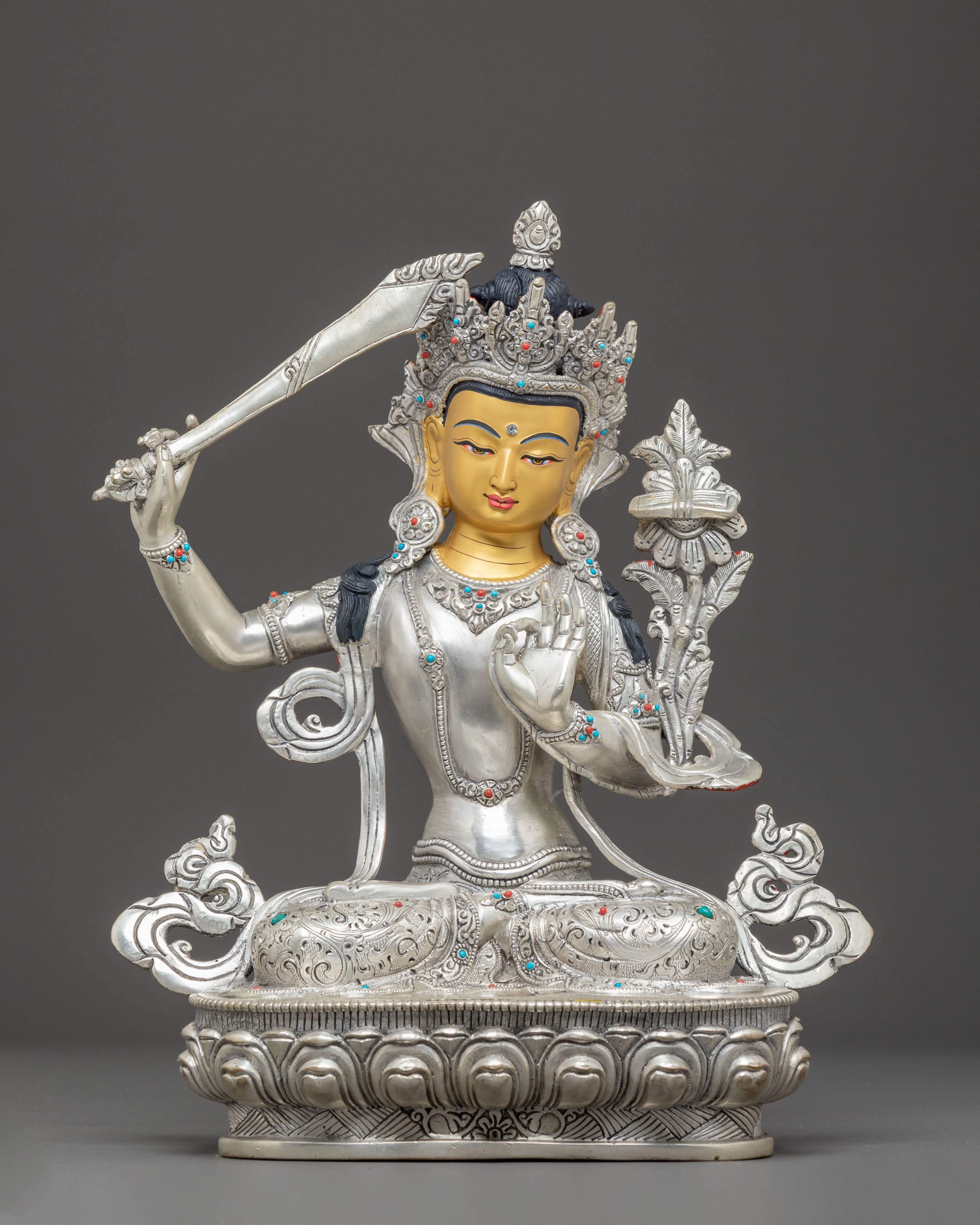 24K Gold Glided Statue of Manjushri | Sword of Wisdom Deity