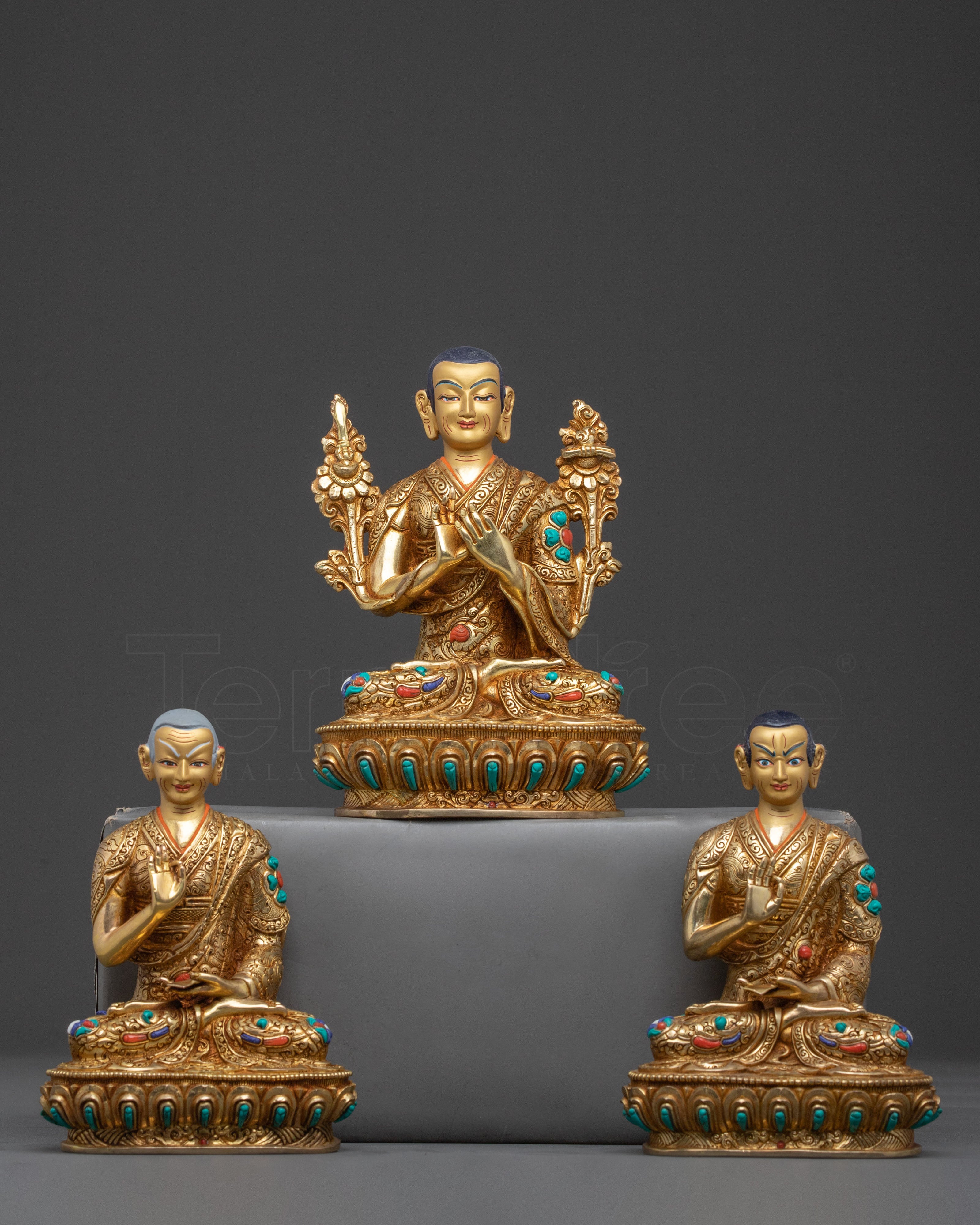 Tsongkhapa Set 24K Gold Gilded Copper Statue