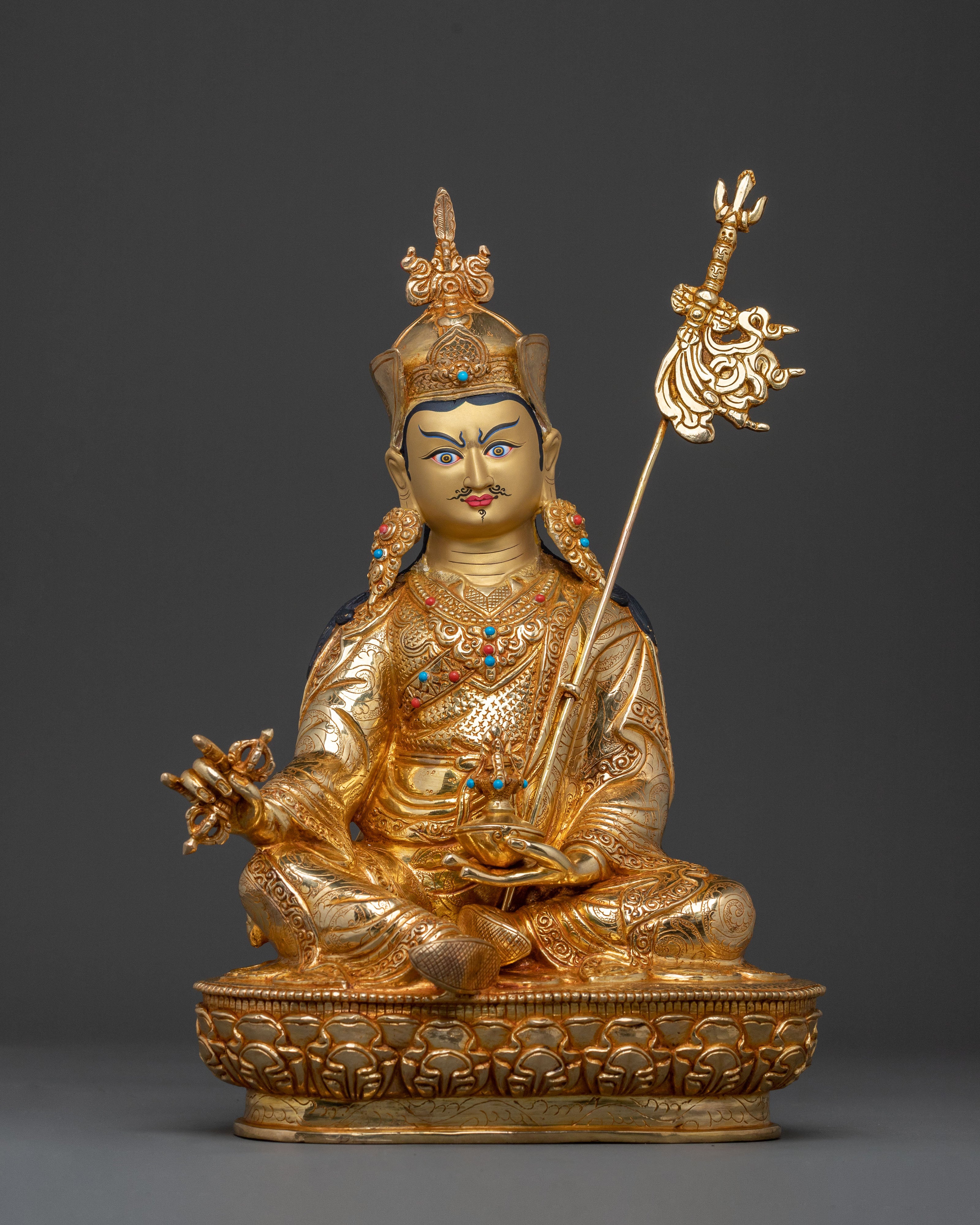 Tibetan Padmasambhava Statue - 24K Gold Gilded Copper