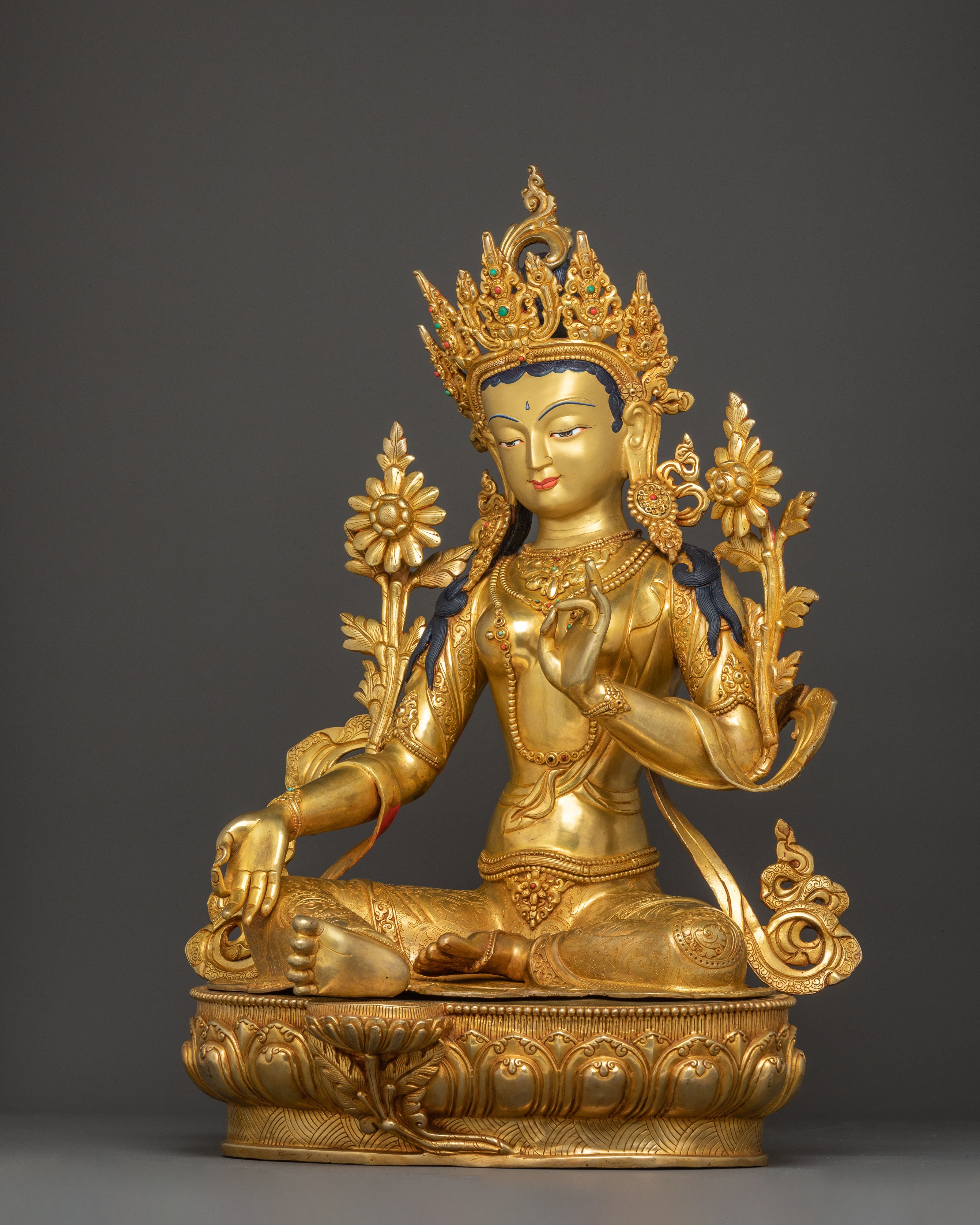 Green Tara Buddhist Deity Statue | 24K Gold Gilded & Copper Statue
