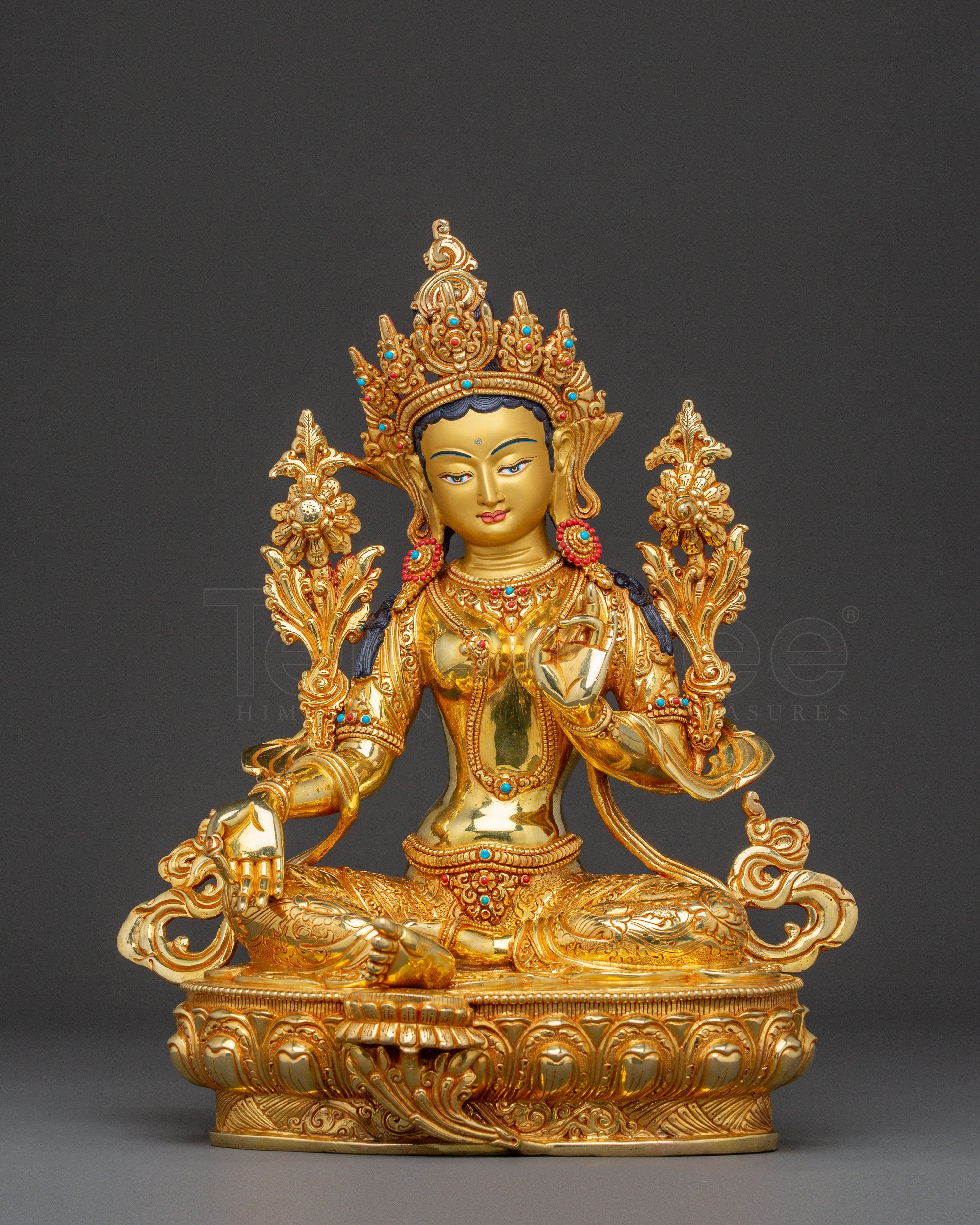 Green Tara 24K Gold Gilded Copper Statue