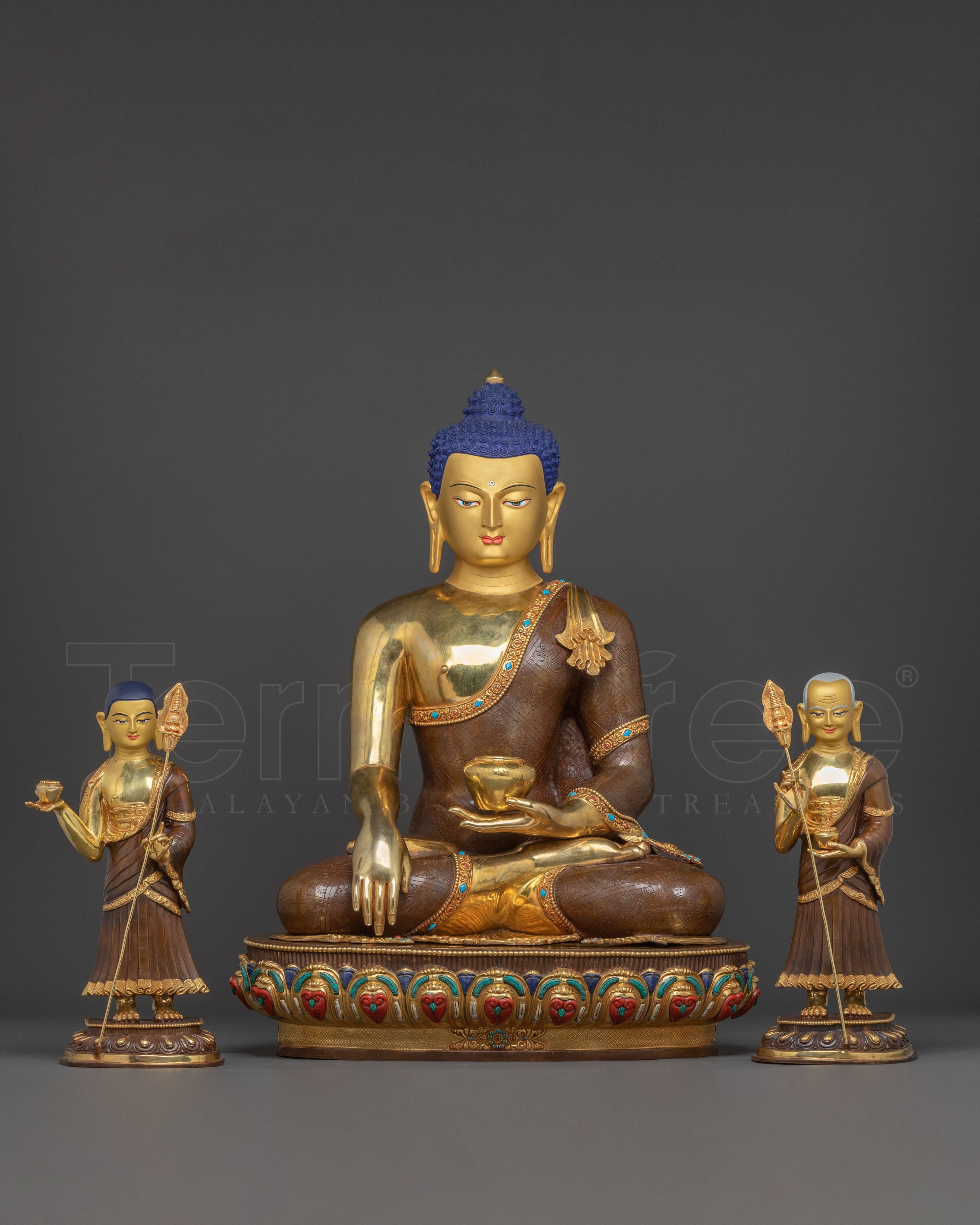 Handcrafted Shakyamuni Buddha Statue with Disciples | 24K Gold Gilded Art