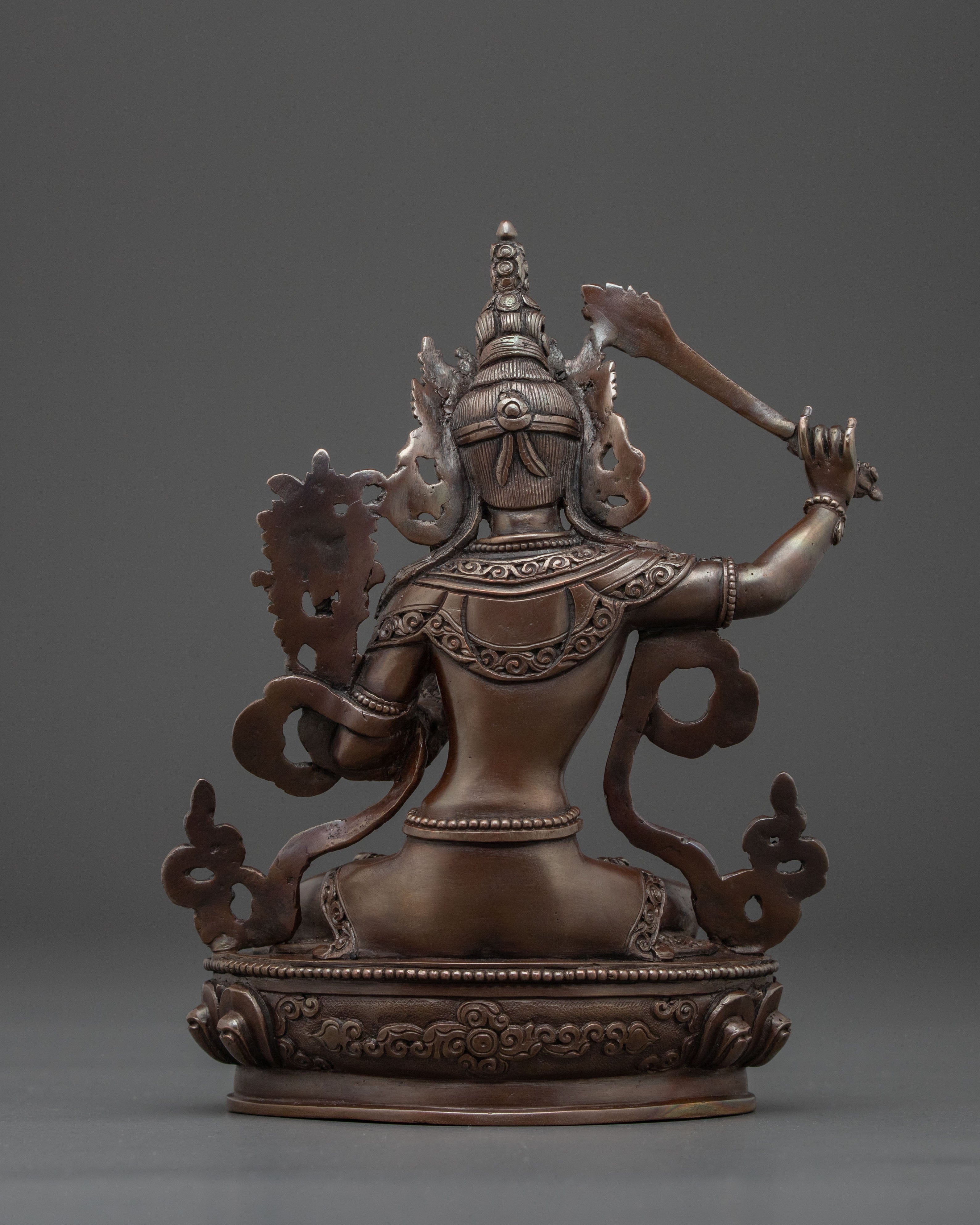 Manjushri Tibetan Buddhist Sculpture in Oxidized Copper