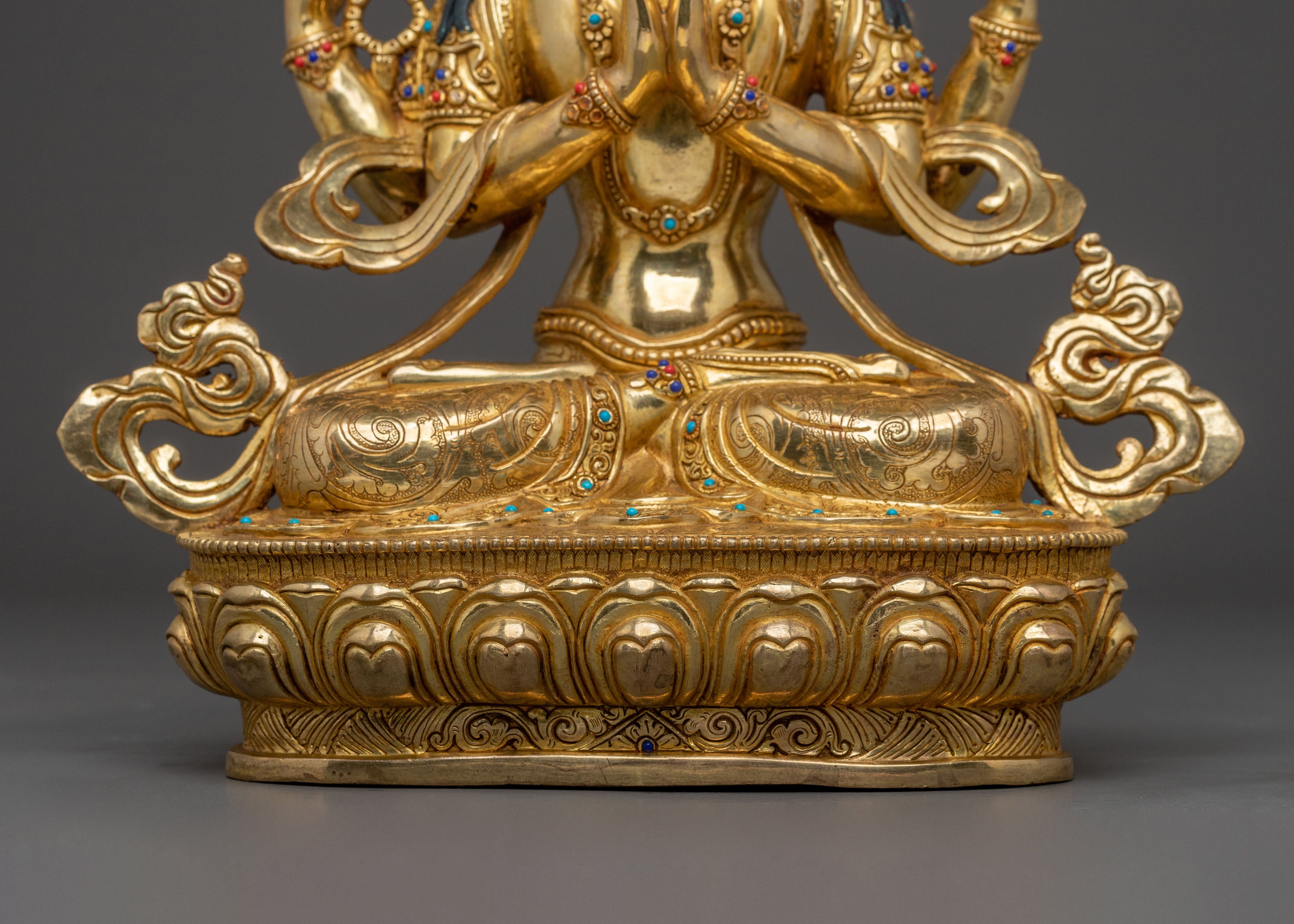 Four-Armed Chenrezig Statue: 24K Gold Gilded Serenity