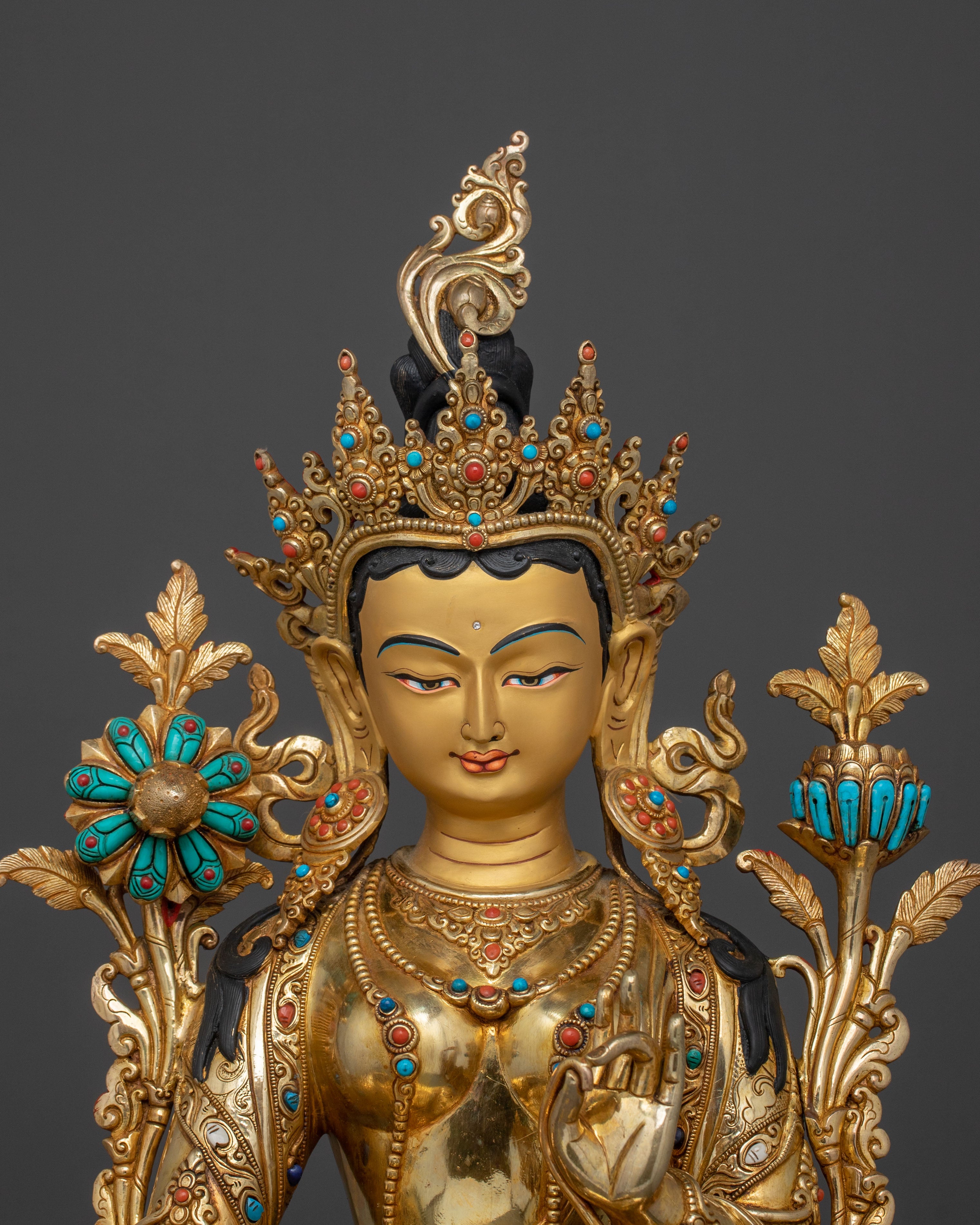 Goddess Green Tara Fire Gold Gilded Statue: Symbol of Compassion