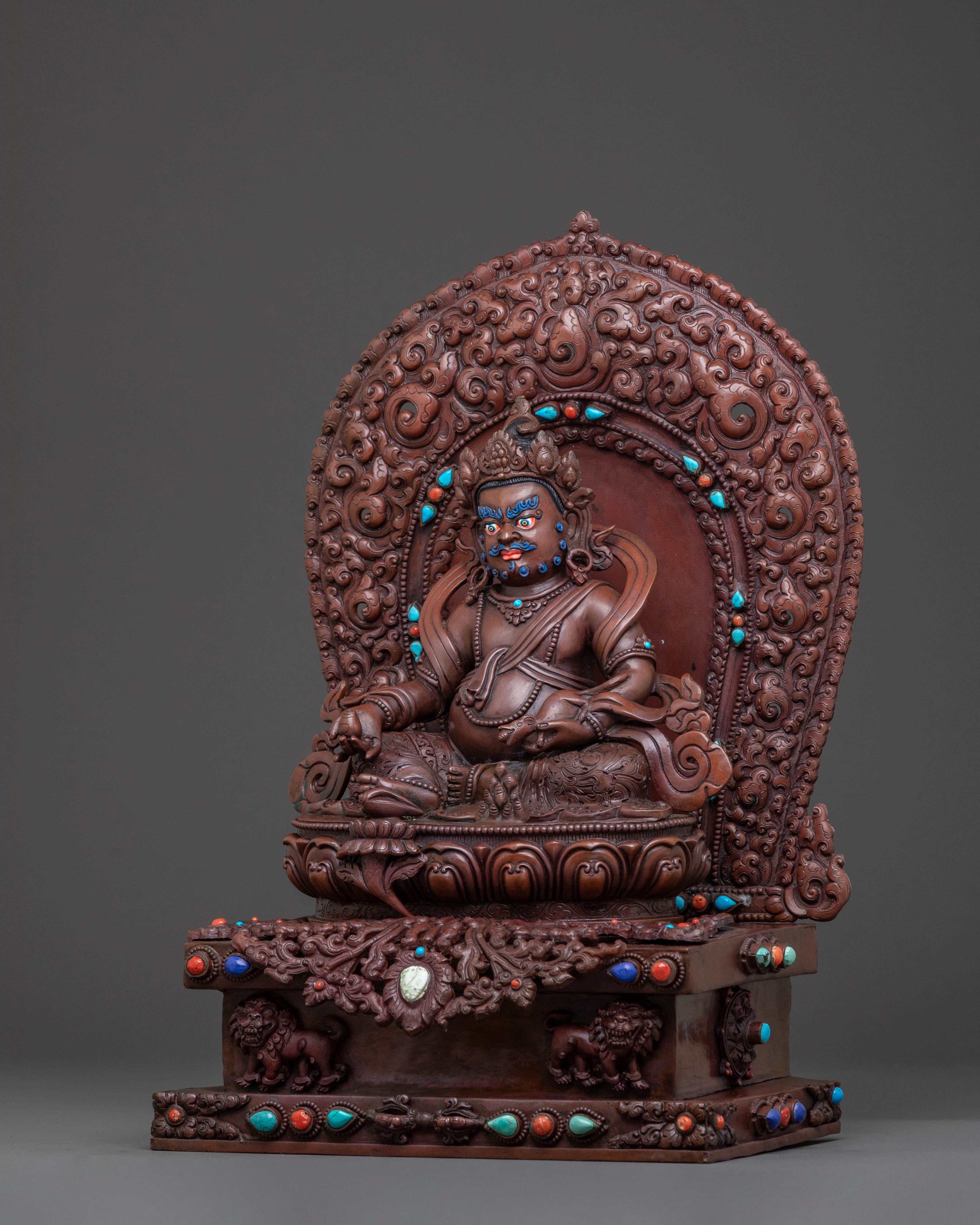 Dzambhala Sacred Statue with Throne - Oxidized Copper