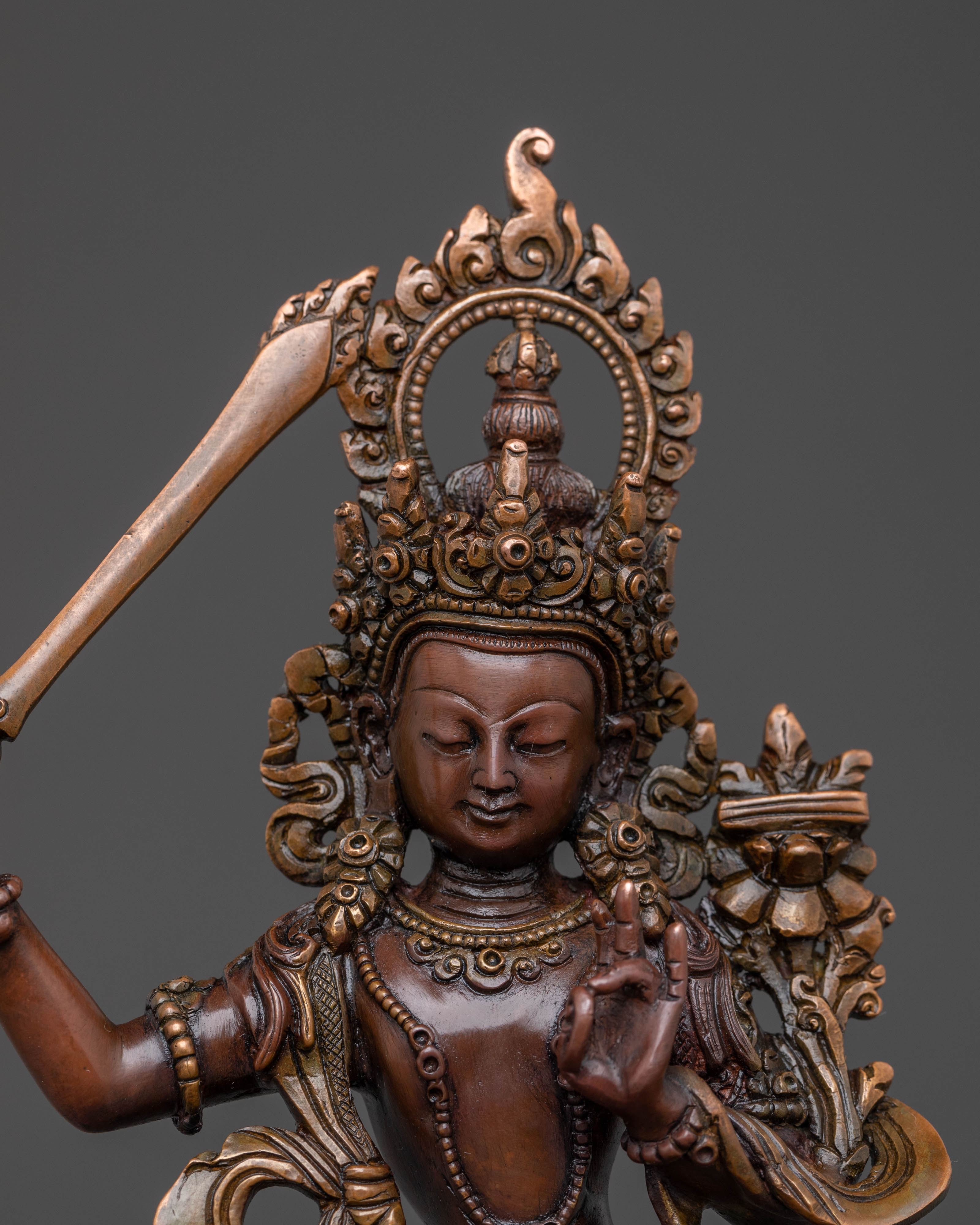 Manjushri Bodhisattva Sacred Statue - Oxidized Copper Finish