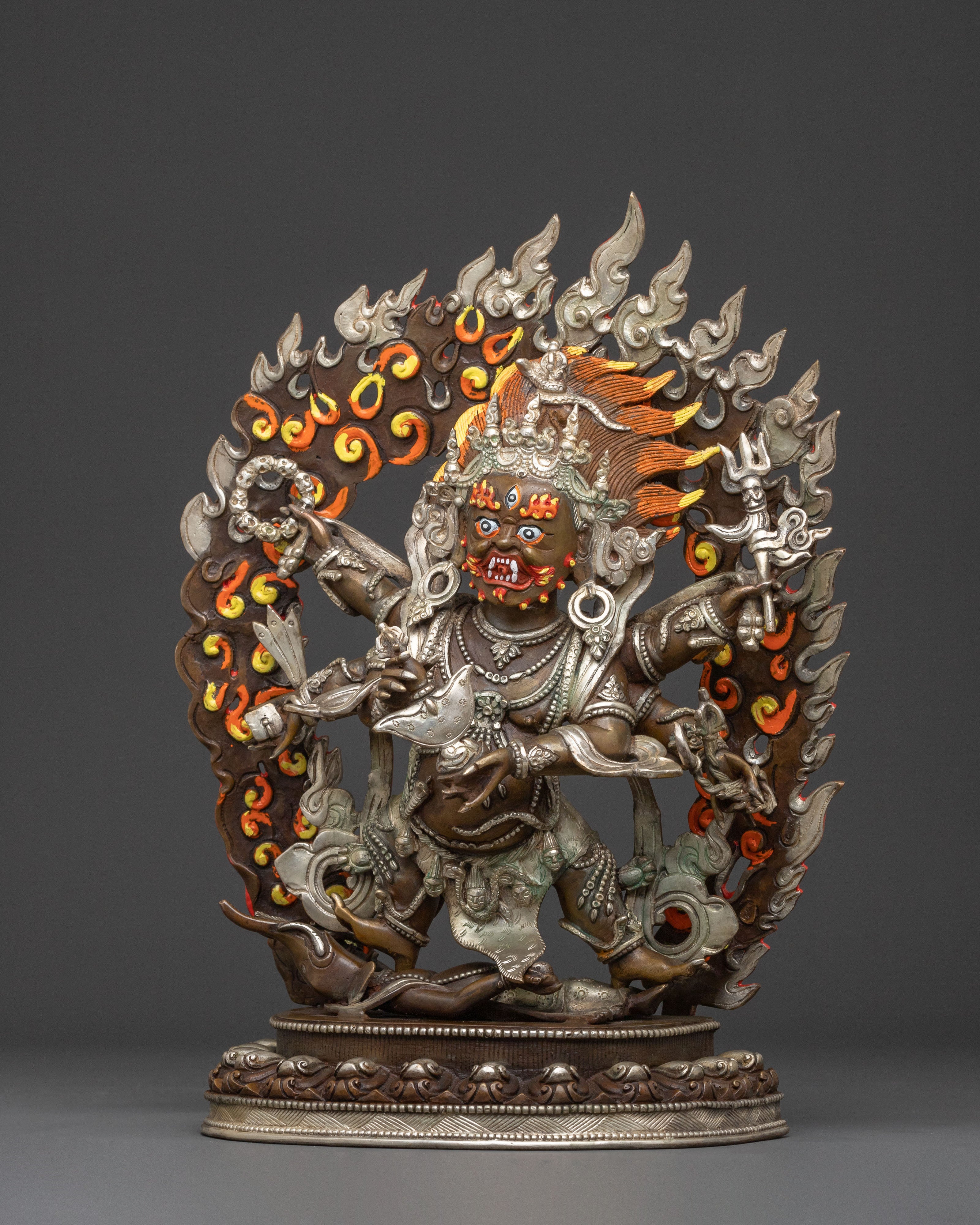 Six Armed Mahakala Statue | Oxidized Copper Protector