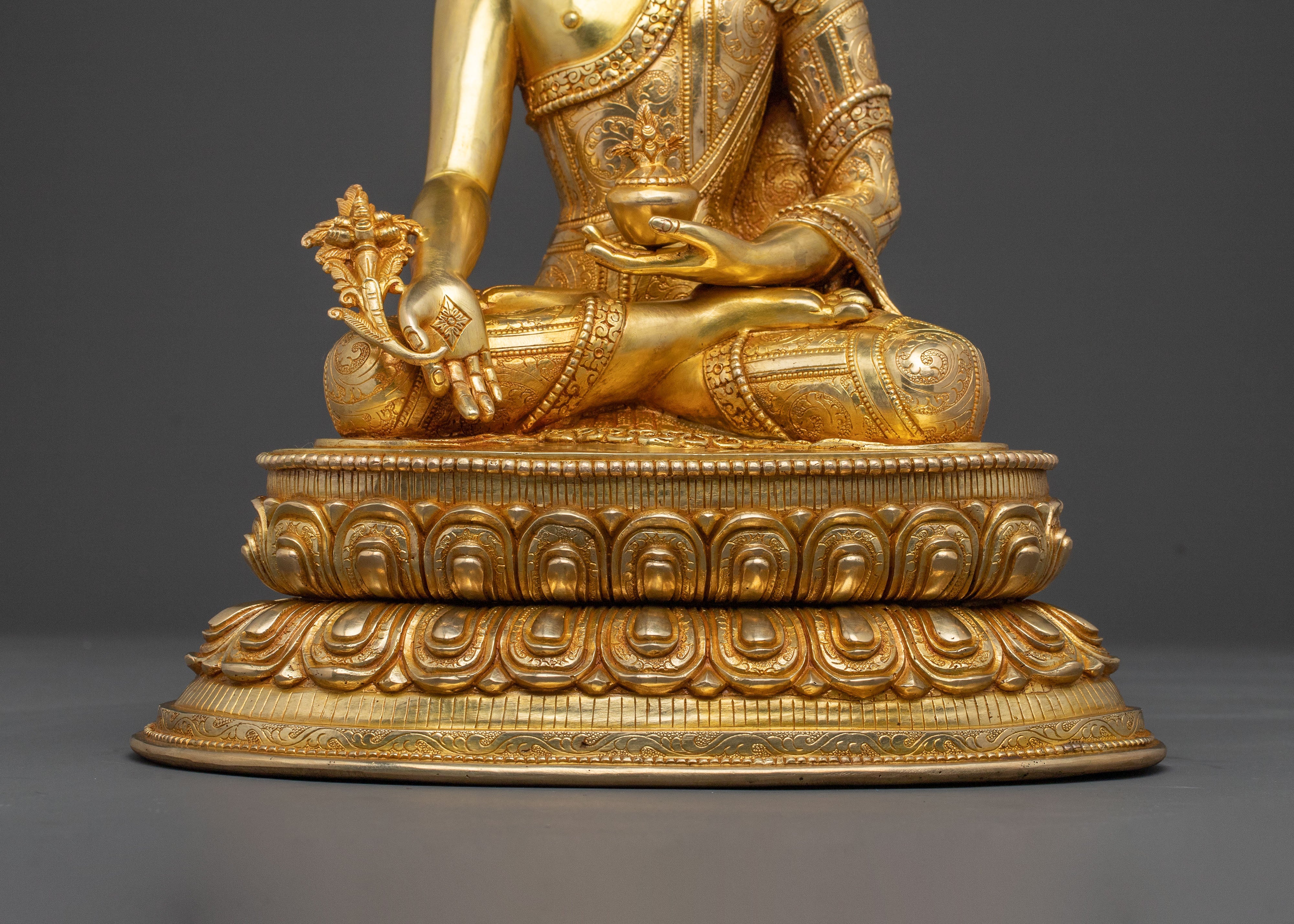 Medicine Buddha Divine Statue: Hand-Gilded Copper Art